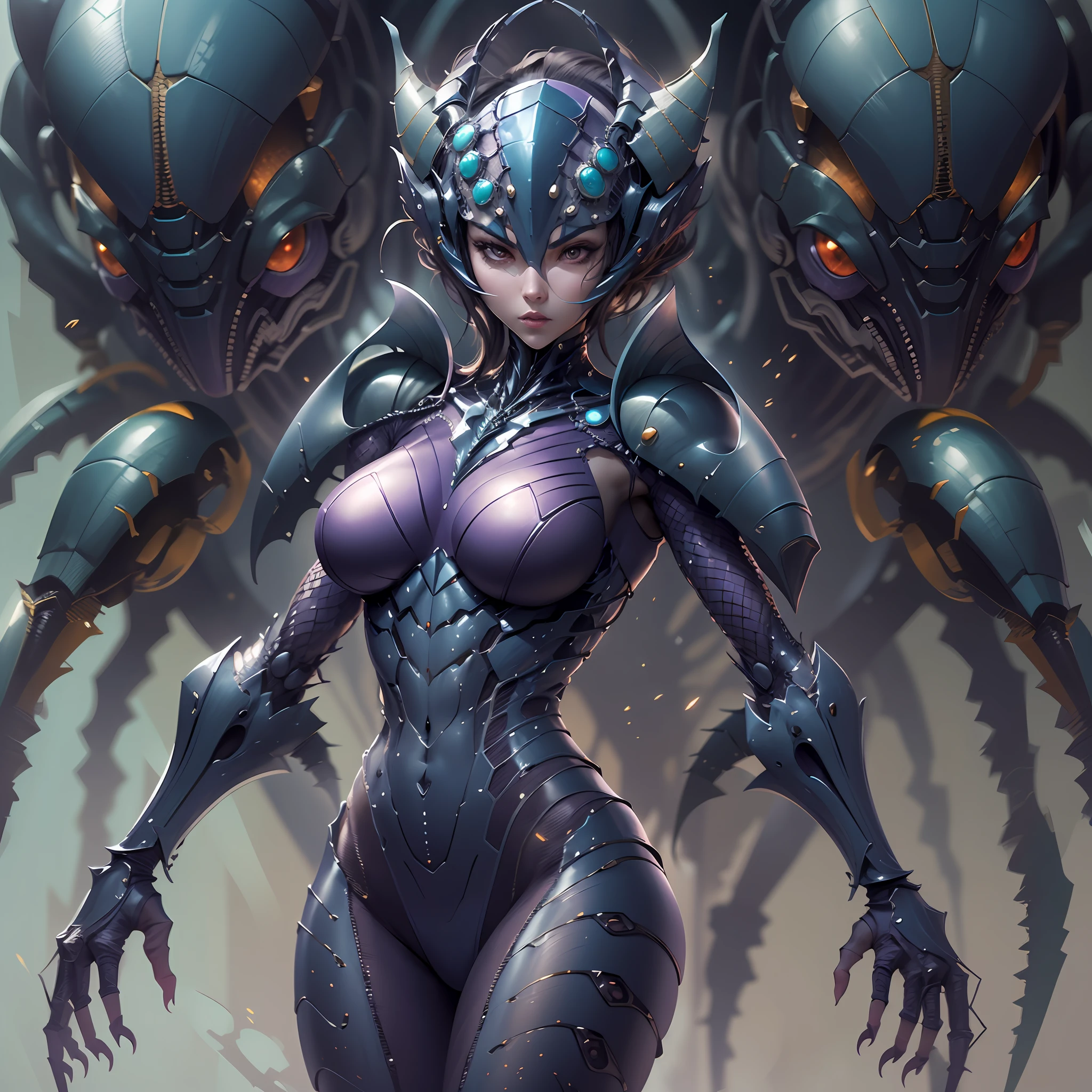 Cartoon photo of a woman in a purple costume、Hot insect humanoid female、a person々takeout、Guyver Style、SFW version、Scarabeleploid、tail、Cel Shade Adult Animation、Alien Queen、