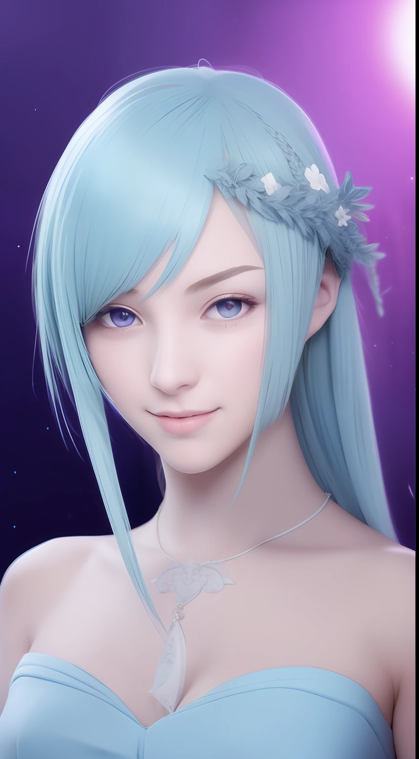 brynhildr lancer fgo,16-year old,pure,dazzling smile,laurel wreath,big wedding dress,shyly pose,distant gaze, pretty round face,tall,very skinny,slender,light blue hair, cross-cut bangs strongly leans to the right,detailed hair