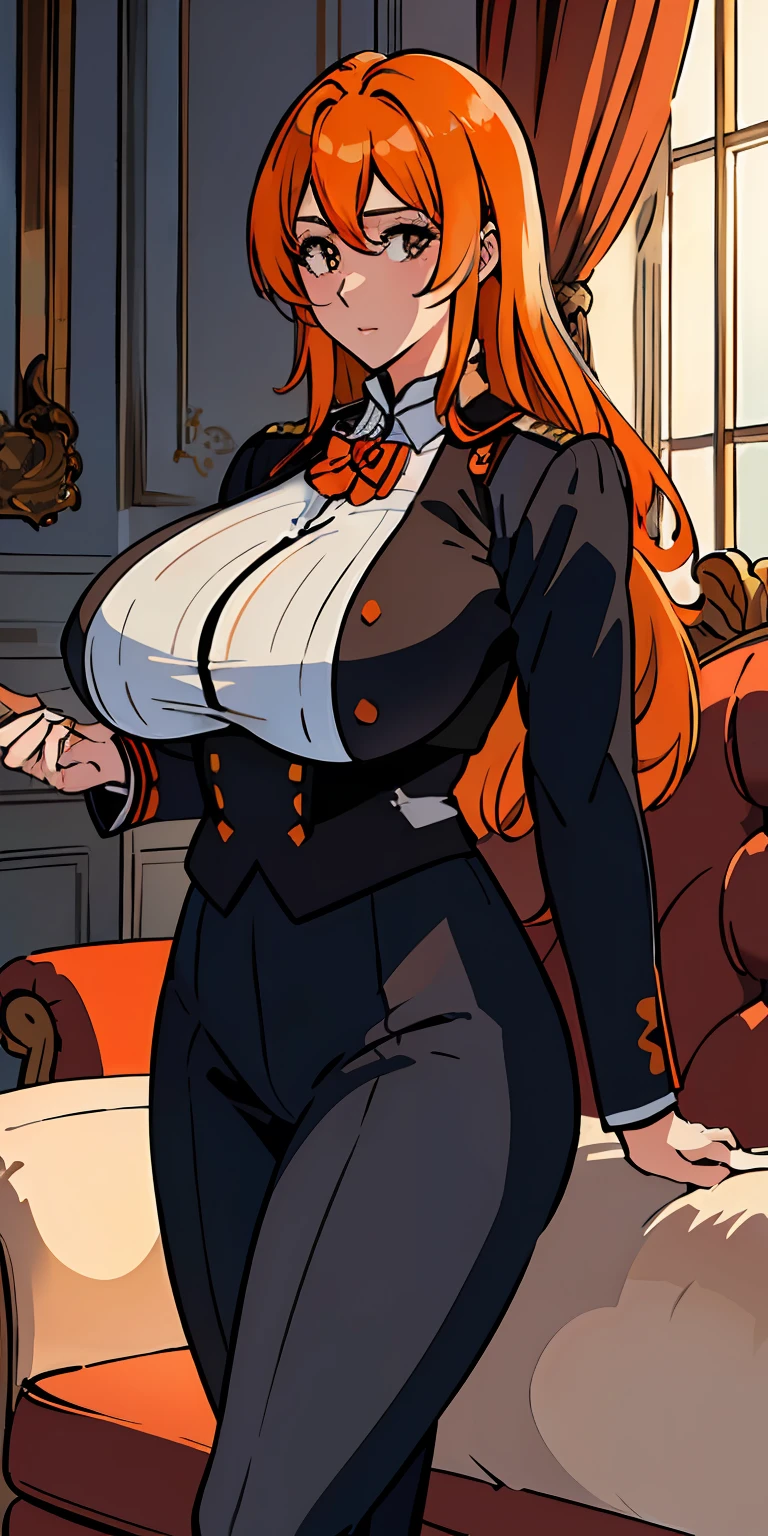 (((top-quality、​masterpiece)))、1girl in、A stunning、seductiv、((Orange hair))、(((Longhaire)))、barechested、A sexy、(((Sheer uniform)))、student clothes、(((Colossal tits)))、large full breasts、Sheer areol、((sofas))