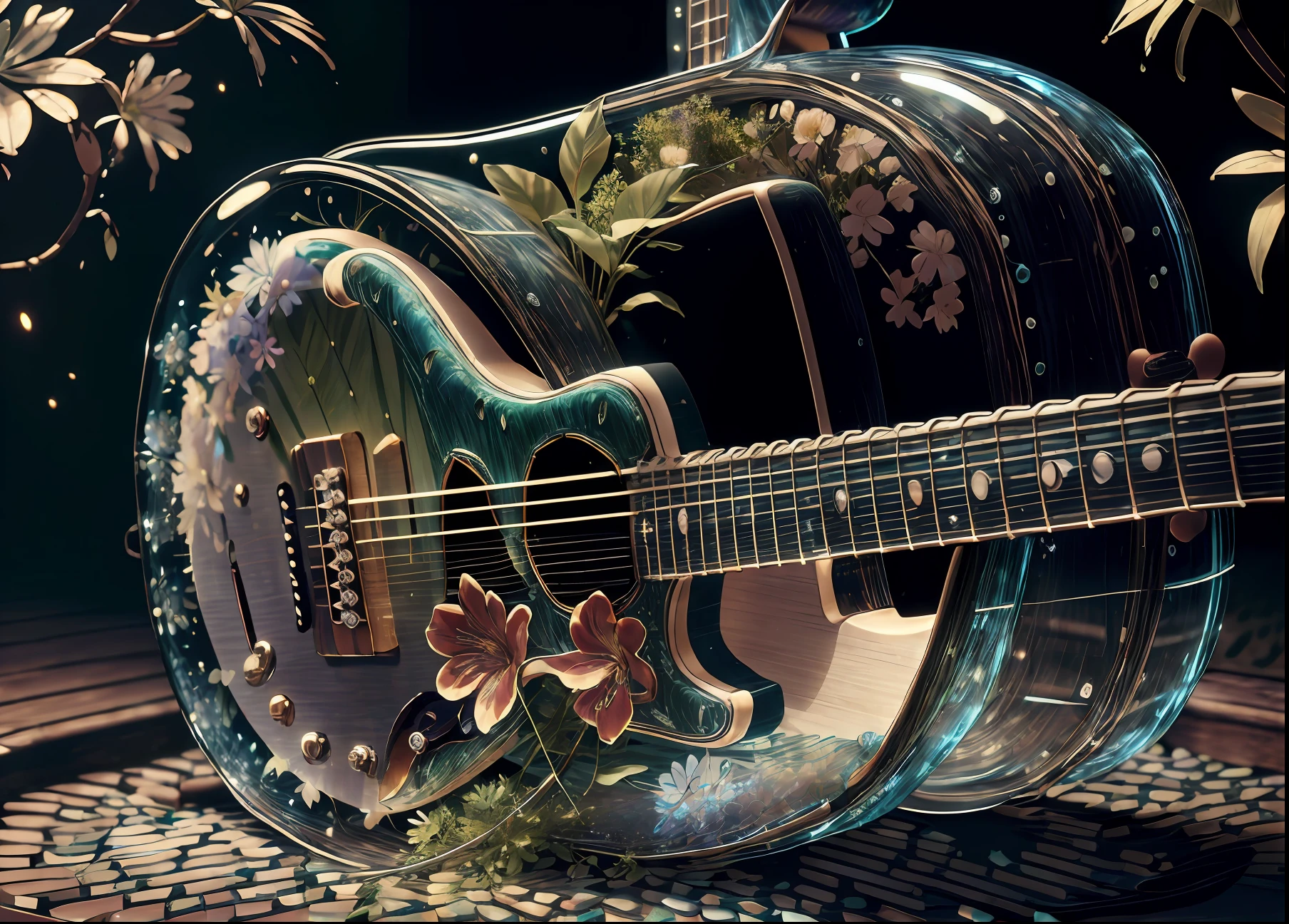 masterpiece of glass guitar with plants inside, water, glowing, flowers, high quality, high detail, best quality, rtx, 4k, 8k,