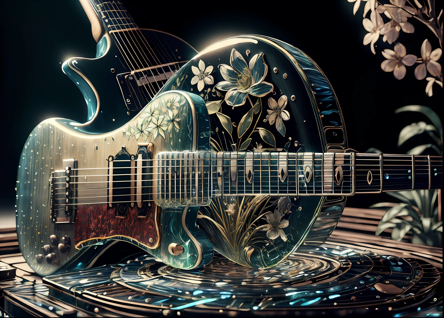 masterpiece of glass guitar with plants inside, water, glowing, flowers, high quality, high detail, best quality, rtx, 4k, 8k,