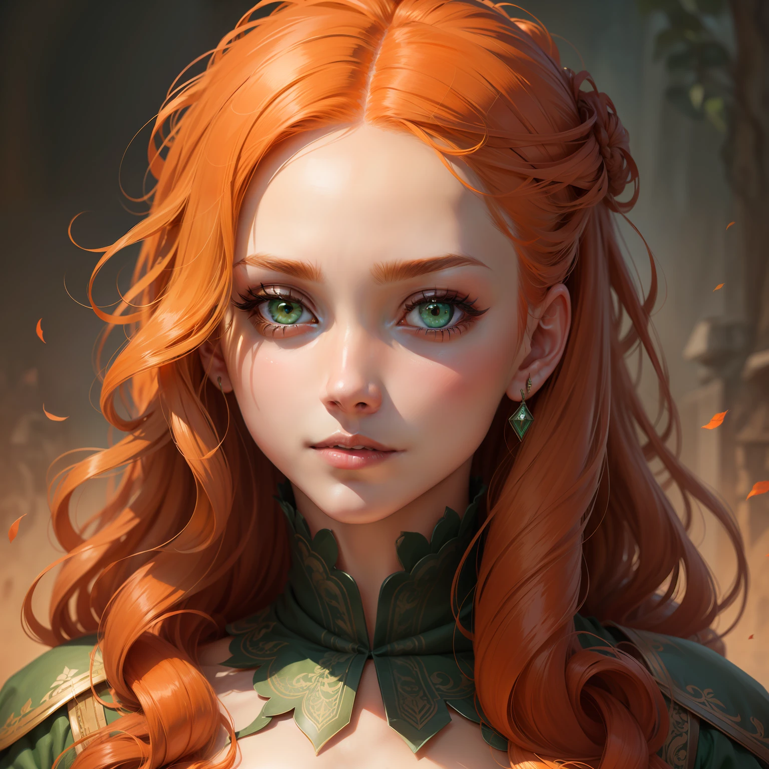 Close-up of green eyes orange curly hair female face drawing,Facial details are depicted in detail,fantasy world,The eyes are gentle and resolute,Face