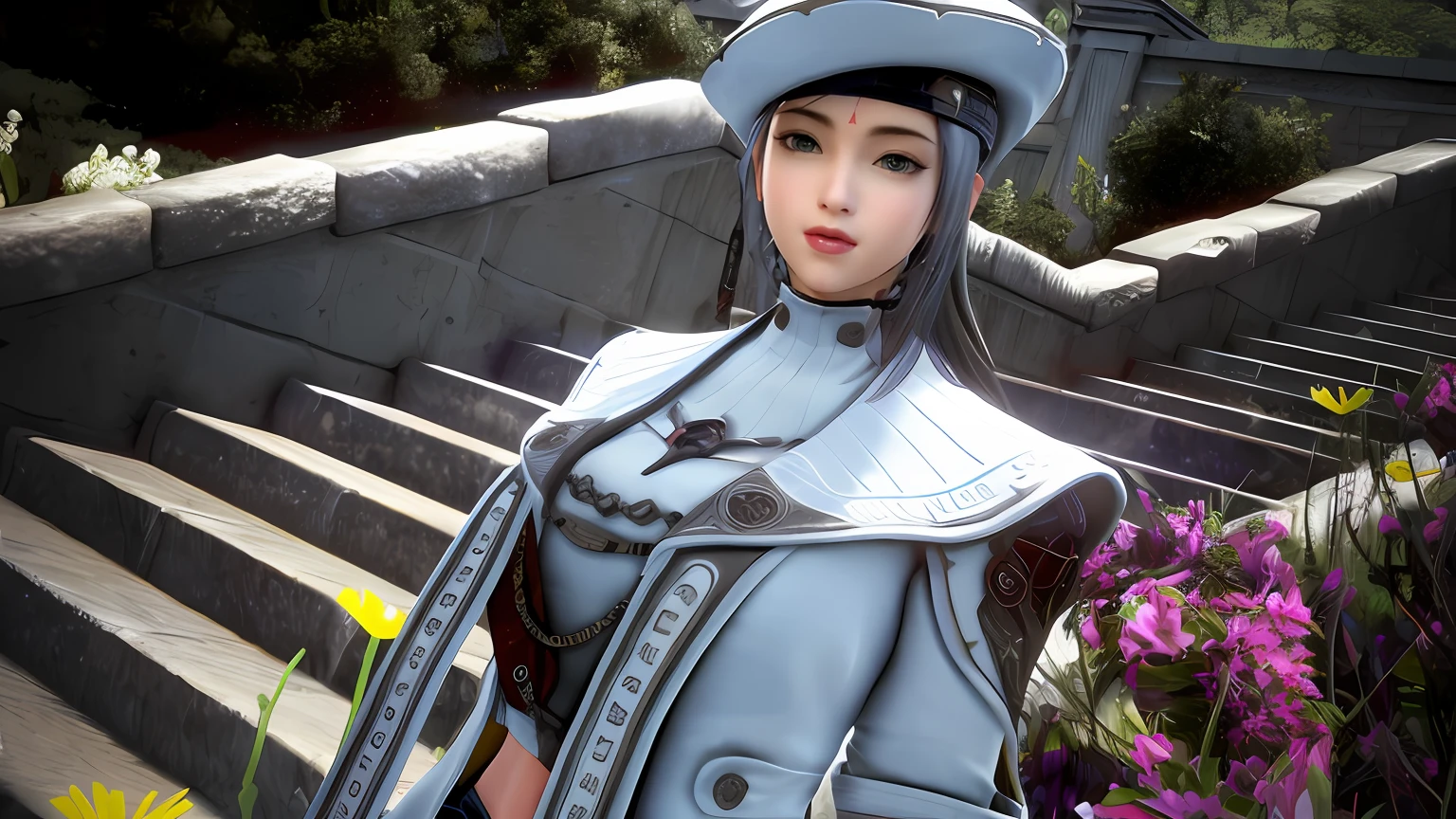 There is a woman in costume who is standing on a stone step, juego CG, Render de Mirabel Madrigal, Akihiko Yoshida. Motor irreal, Desde NCSOFT, Armadura blanca brillante, Render fotorrealista de Anime Girl, Arte de personajes de Unreal Engine, Render de abril, como personaje en Tekken, Renderizado retrato 8K, Juego de estilo Square Enix