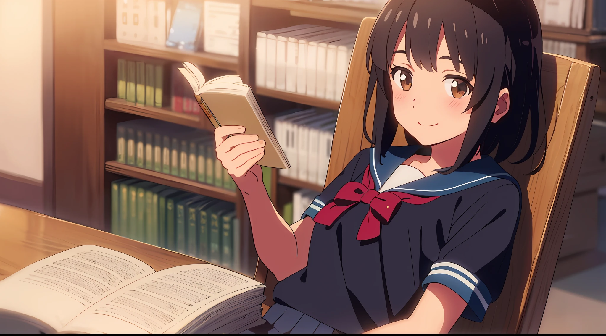 best quality, masterpiece, shinkai makoto, kimi no na wa., 1girl, bangs, black hair, blush, brown eyes, sailor collar, blue sailor collar, sailor color, white sailor color, serafuku, looking at the viewer, red bow, red headband, red ribbon, school uniform, short hair, upper body, smile, cute, solo, shirt, blue skirt, pleated skirt, short sleeves, smile, sitting in a chair, library, reading a book