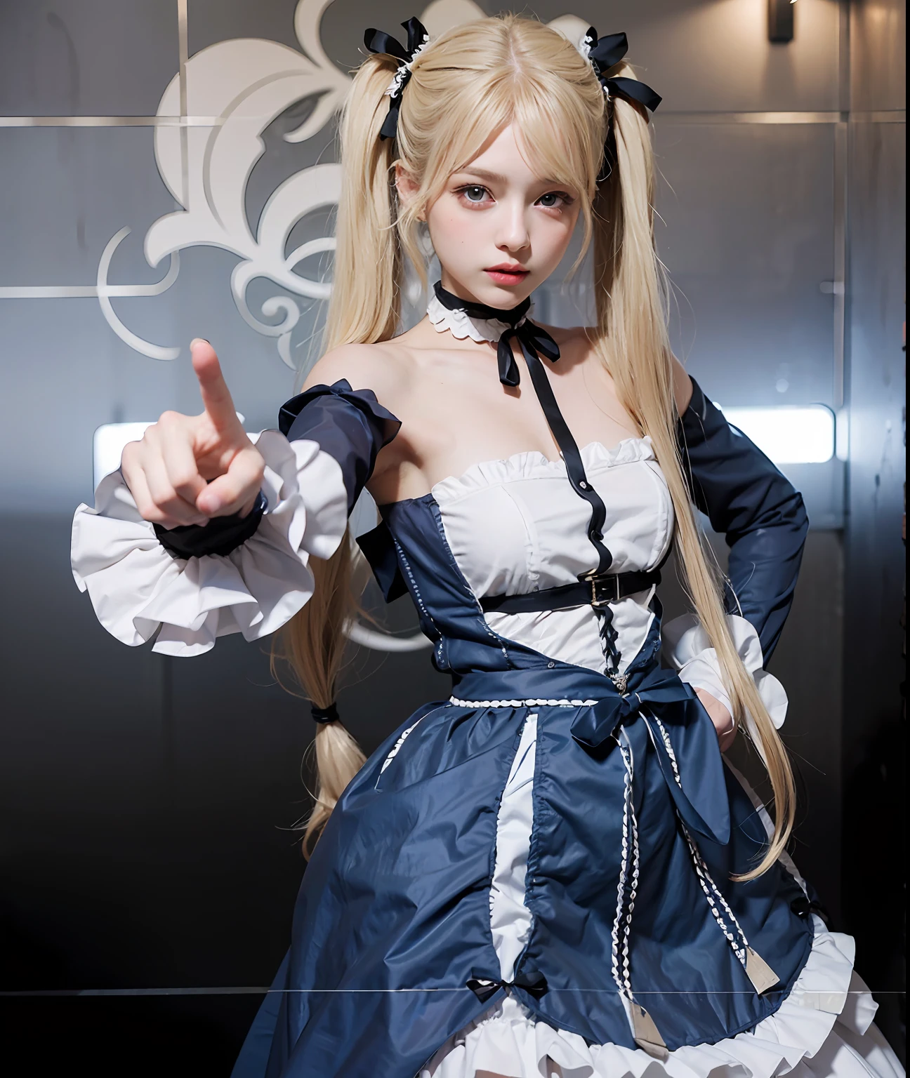 (((masterpiece, best quality, 1 girl, female focus))), fair skin, light blonde hair, bottom-length hair, twin pigtails, black ribbons, dark blue eyes, gothic lolita fashion, strapless dress, maid dress, arm sleeves,