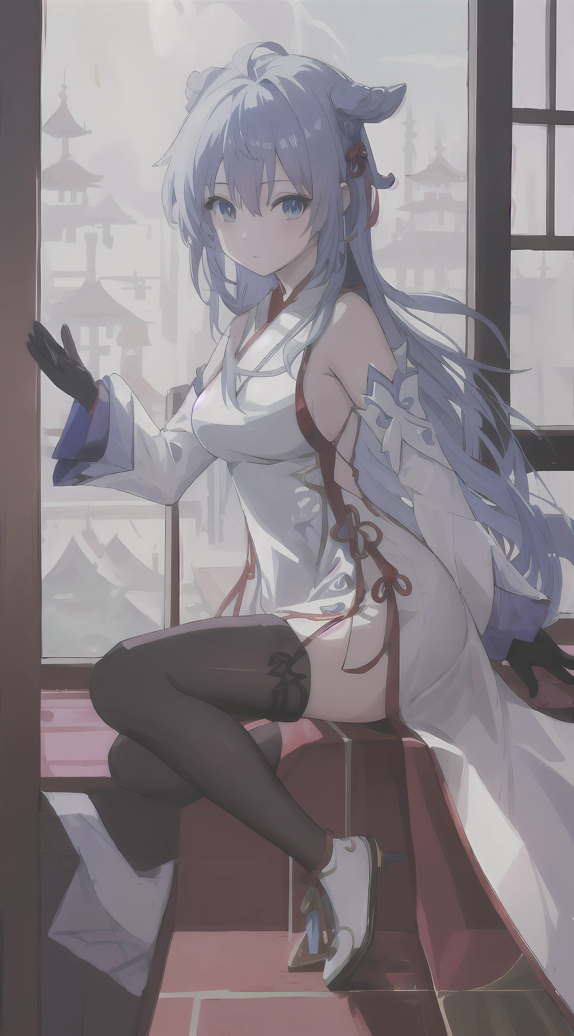 (Beautiful anime girls,White cheongsam,blue hair,eBlue eyes,Pose for windowsills,The cute anime goddess created by Shi Tao is charming)