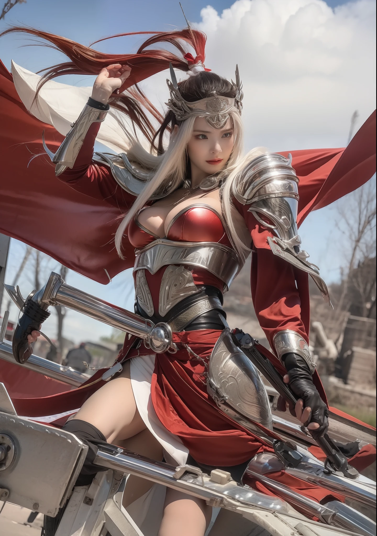 Female general of ancient China,heroic look,domineering side leak,详细的脸,Full breasts,white color hair,Wearing red armor,Wear a metal helmet,There are red hats on the helmet,Red cape,Carry a bow and arrow on your back,Behind it are the ruins of the battlefield,guns blazing,The weather is gloomy,dark cloude,high high quality,illustrious,hyper HD,Anatomically correct,RAW photos