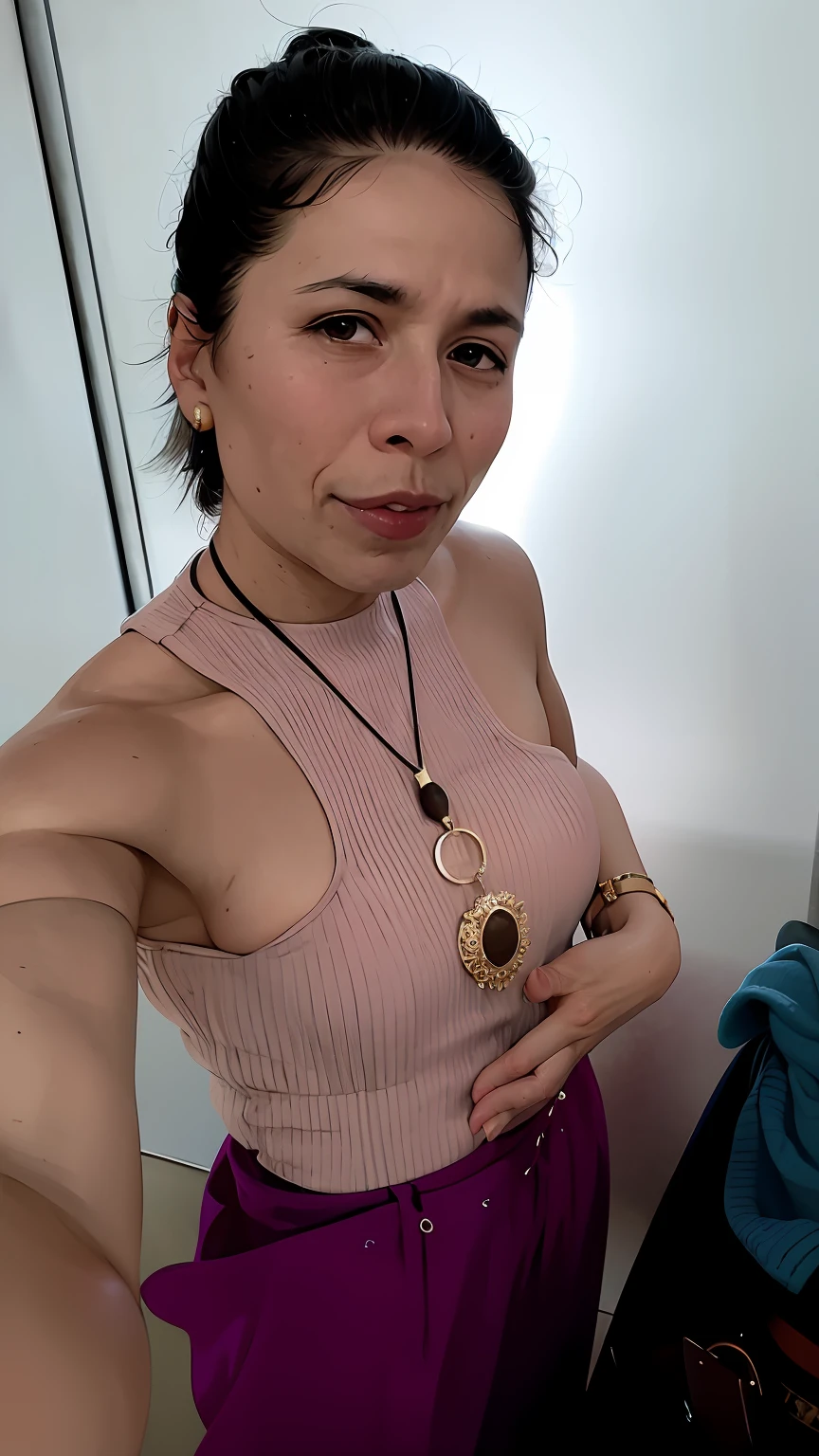 There is a woman who is posing for a photo in a mirror, wearing several pendants, foto da roupa, brincos enormes e maquiagem queer, (38 anos), taken in the early 2020s, Ayahausca, imagem de qualidade muito baixa, Directed by: Nandor Soldier, Joias de madeira, meados dos anos 30