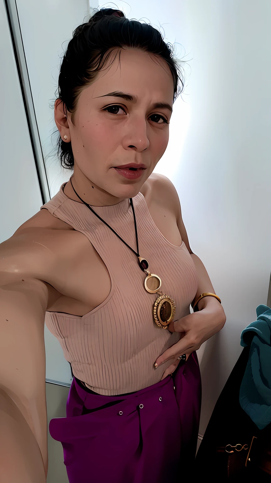 There is a woman who is posing for a photo in a mirror, wearing several pendants, foto da roupa, brincos enormes e maquiagem queer, (38 anos), taken in the early 2020s, Ayahausca, imagem de qualidade muito baixa, Directed by: Nandor Soldier, Joias de madeira, meados dos anos 30