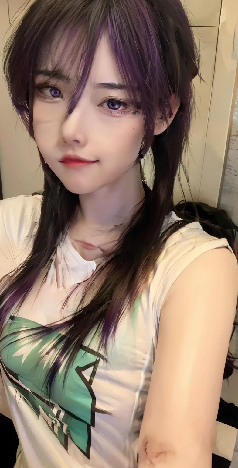 1girl, reze, chainsaw man, purple hair, green eye, white t-shirt realistic, ultra detail, high quality