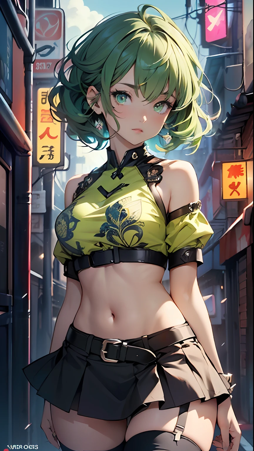 girl youtuber,(((1girl))),((extremely cute and beautiful green curly-haired anime girl walking down the street)),
(short breasts:1.4),(((green curly hair:1.35,very curly hair,colored inner hair,ear breathing, short hair))), ((green eyes:1.3,upturned eyes:1.3,perfect eyes,beautiful detailed eyes, rainbow glows ultra-detailed yellow green eyes:1.1,gradient eyes:1, finely detailed beautiful eyes:1,symmetrical eyes:1,big highlight on eyes:1.2)),((fat)), (((lustrous skin:1.5, bright skin: 1.5,skin tanned,shiny skin,very shiny skin,shiny body,plastic glitter skin,exaggerated shiny skin))),delicate detailed fingers,detailed body,detailed arms, human hands,detailed hands,),
cute,slutty,seductive,erotic,nsfw,
zettai ryouiki,revealing clothing,show skin,((rave mini-skirt,visible thong straps,white loose tank top with an intricate print)),(detailed outfit, detailed clothes),
(dynamic pose:1.0),solo focus,embarrassed,centered,scale to fit dimensions,Rule of thirds,
outdoors, ((night view)), (cyberpunk night street Background: 1.5,dark sky,alleyway,lonely alley,thick clouds, detailed background:1.25),
(best quality), (high resolution), (sharp focus), (ultra detailed), (extremely detailed), (extremely high quality artwork), 8k_wallpaper, (extremely detailed CG 8k),(very fine 8K CG), ((hyper super ultra detailed perfect piece)), flawless, (((masterpiece))), illustration, vibrant colors, (intricate), High contrast, Selective lighting, Double exposure, HDR (High Dynamic Range), Post-processing, Background blur,
