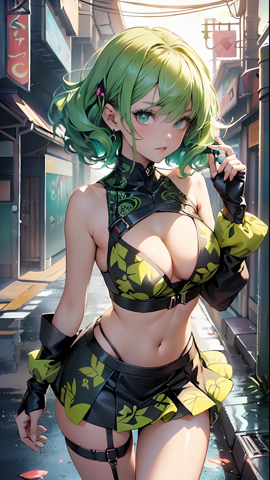 girl youtuber,(((1girl))),((extremely cute and beautiful green curly-haired anime girl walking down the street)),

(short breasts:1.4),(((green curly hair:1.35,very curly hair,colored inner hair,ear breathing, short hair))), ((green eyes:1.3,upturned eyes:1.3,perfect eyes,beautiful detailed eyes, rainbow glows ultra-detailed yellow green eyes:1.1,gradient eyes:1, finely detailed beautiful eyes:1,symmetrical eyes:1,big highlight on eyes:1.2)),((fat)), (((lustrous skin:1.5, bright skin: 1.5,skin tanned,shiny skin,very shiny skin,shiny body,plastic glitter skin,exaggerated shiny skin))),delicate detailed fingers,detailed body,detailed arms, human hands,detailed hands,), 

cute,slutty,seductive,erotic,nsfw, 

zettai ryouiki,revealing clothing,show skin,((rave mini-skirt,visible thong straps,white loose tank top with an intricate print)),(detailed outfit, detailed clothes), 

(dynamic pose:1.0),solo focus,embarrassed,centered,scale to fit dimensions,Rule of thirds,

outdoors, ((night view)), (cyberpunk night street Background: 1.5,dark sky,alleyway,lonely alley,thick clouds, detailed background:1.25),

(best quality), (high resolution), (sharp focus), (ultra detailed), (extremely detailed), (extremely high quality artwork), 8k_wallpaper, (extremely detailed CG 8k),(very fine 8K CG), ((hyper super ultra detailed perfect piece)), flawless, (((masterpiece))), illustration, vibrant colors,  (intricate), High contrast, Selective lighting, Double exposure, HDR (High Dynamic Range), Post-processing, Background blur,
