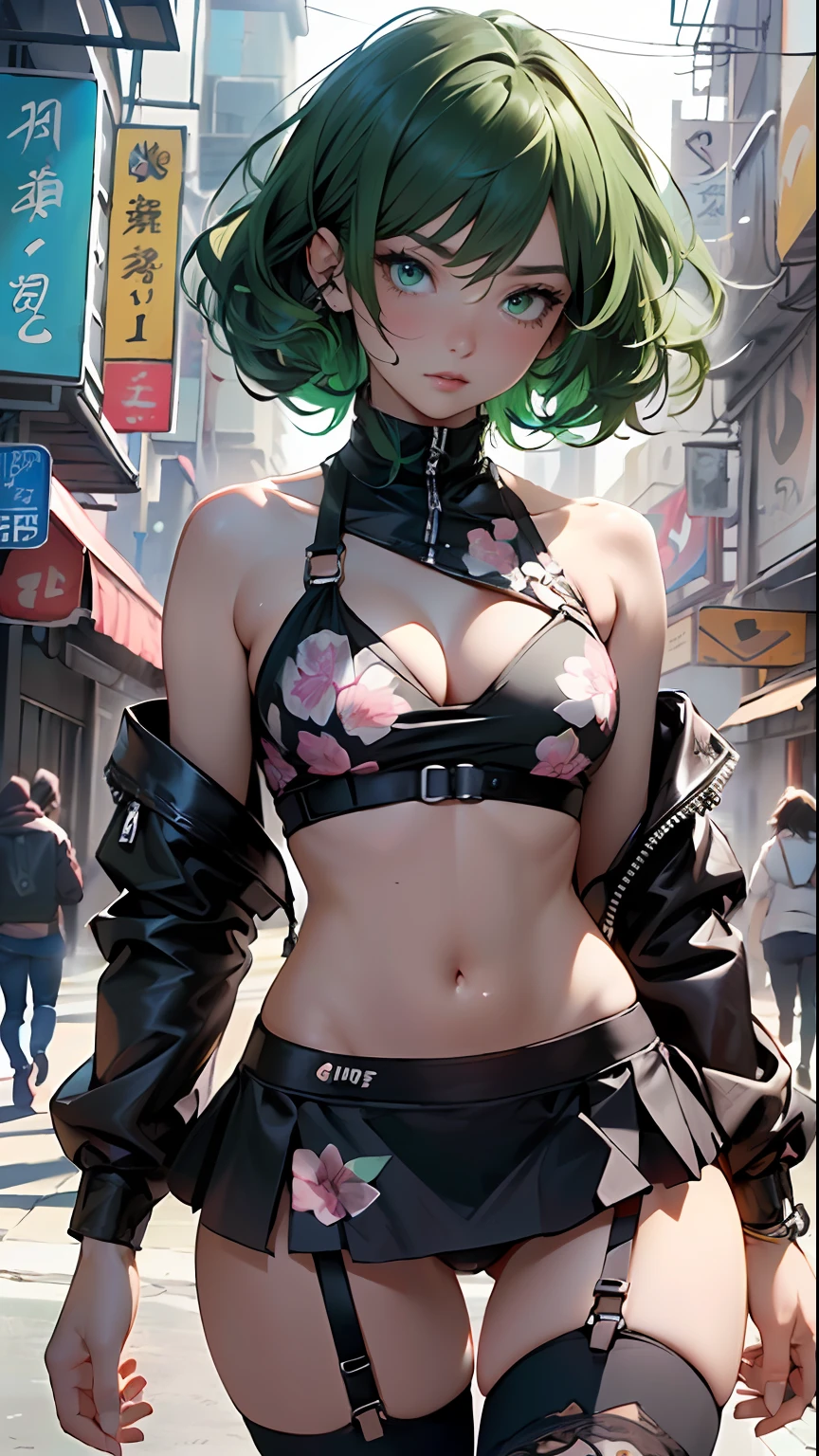 girl youtuber,(((1girl))),((extremely cute and beautiful green curly-haired anime girl walking down the street)),

(short breasts:1.4),(((green curly hair:1.35,very curly hair,colored inner hair,ear breathing, short hair))), ((green eyes:1.3,upturned eyes:1.3,perfect eyes,beautiful detailed eyes, rainbow glows ultra-detailed yellow green eyes:1.1,gradient eyes:1, finely detailed beautiful eyes:1,symmetrical eyes:1,big highlight on eyes:1.2)),((fat)), (((lustrous skin:1.5, bright skin: 1.5,skin tanned,shiny skin,very shiny skin,shiny body,plastic glitter skin,exaggerated shiny skin))),delicate detailed fingers,detailed body,detailed arms, human hands,detailed hands,), 

cute,slutty,seductive,erotic,nsfw, 

zettai ryouiki,revealing clothing,show skin,((rave mini-skirt,visible thong straps,white loose tank top with an intricate print)),(detailed outfit, detailed clothes), 

(dynamic pose:1.0),solo focus,embarrassed,centered,scale to fit dimensions,Rule of thirds,

outdoors, ((night view)), (cyberpunk night street Background: 1.5,dark sky,alleyway,lonely alley,thick clouds, detailed background:1.25),

(best quality), (high resolution), (sharp focus), (ultra detailed), (extremely detailed), (extremely high quality artwork), 8k_wallpaper, (extremely detailed CG 8k),(very fine 8K CG), ((hyper super ultra detailed perfect piece)), flawless, (((masterpiece))), illustration, vibrant colors,  (intricate), High contrast, Selective lighting, Double exposure, HDR (High Dynamic Range), Post-processing, Background blur,