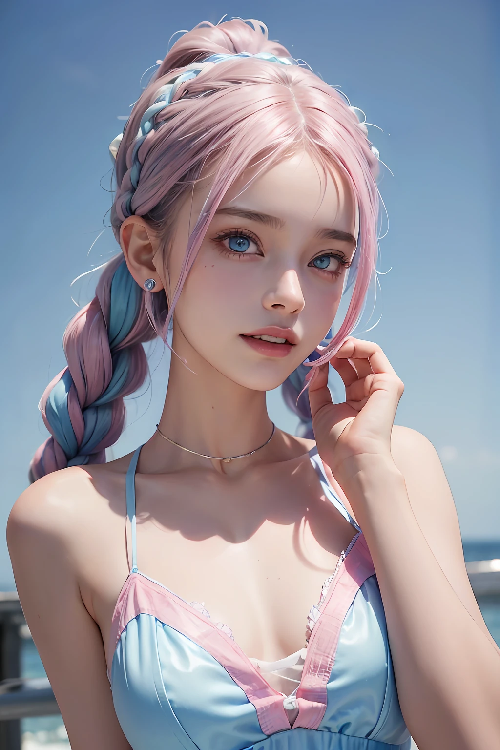 16-year-old girl，A half body，grin，adolable，（high-top fade：1.3），Two high braids in blue and pink，Pink theme，blue color eyes，soothing tones，Bright colors，hight contrast，White slip dress（Natural skin texture，ultra-realistic realism，the soft light，Sharp）