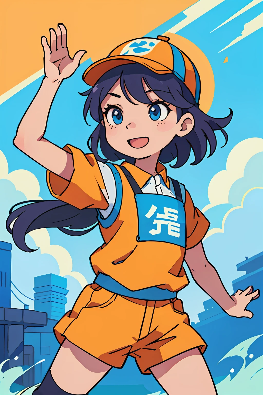 An Asian girl standing ,Orange civil engineering uniform,15year old,Orange hard hat,High five,dyna,reflective vest,ssmile,delight,25 age old, Official illustration, Pose(Arms up + cheerfulness), Fashion clothing design style, firecore, strong use of color, plethora of colors,Orange sunlight,Anime art,Hip Hop Style - AR 2:3 --s 400 --Niji 5 author:Ryan Yee, Cute detailed digital art, author:Chen Jiesheng, Digital anime illustration, childrens art in artstation, lovely digital painting, Cartoon style illustration, Anime style illustration, lovely art style, Official illustration, official character illustration, by Yang J, Detailed fanart, 8 K cartoon illustration, A beautiful artwork illustration,Without background,