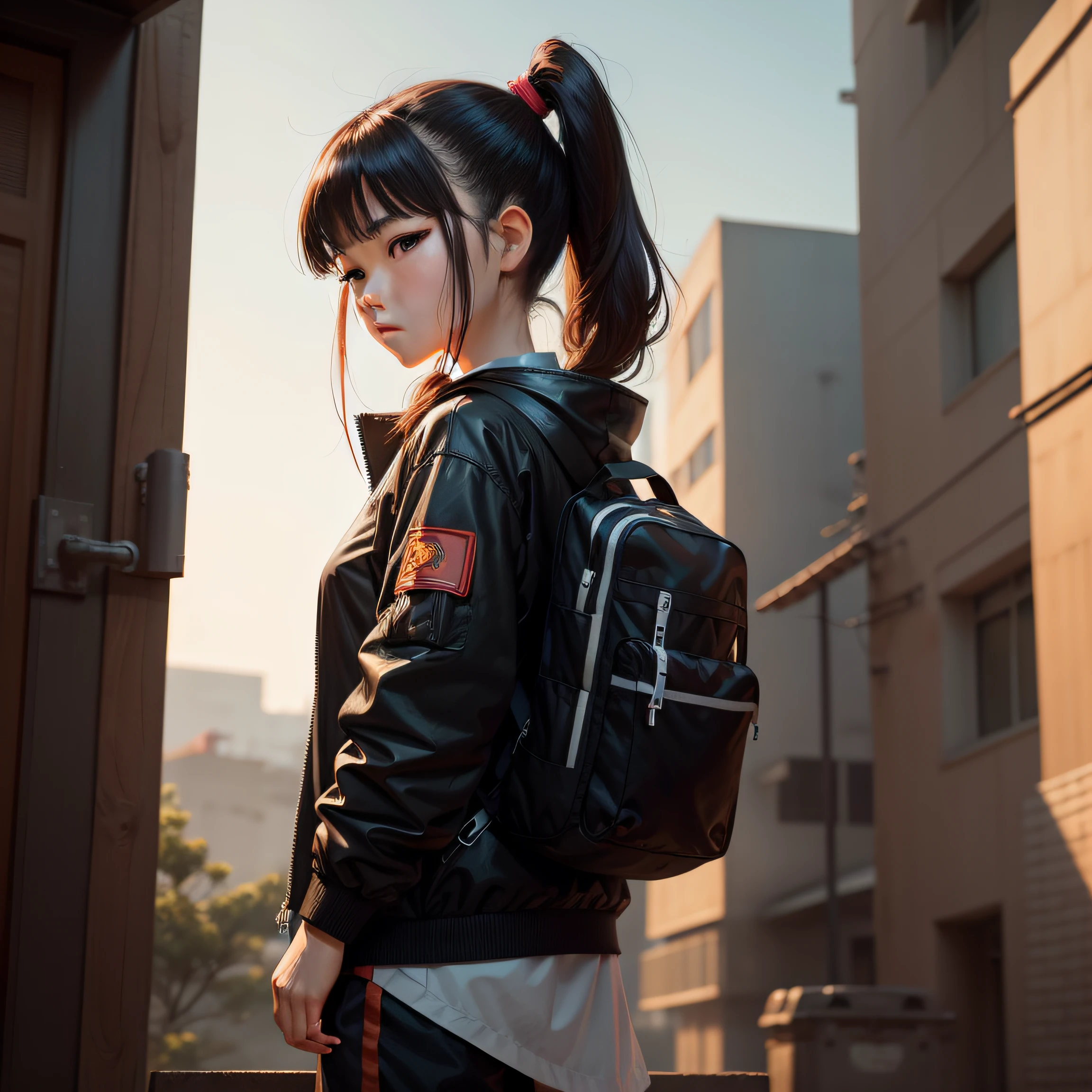 ChineseGirl，16 yaers old，pony tails，brunette color hair，Outdoor adventure outfit，animated character design，A half body，Blockbuster shots of movies，realskin