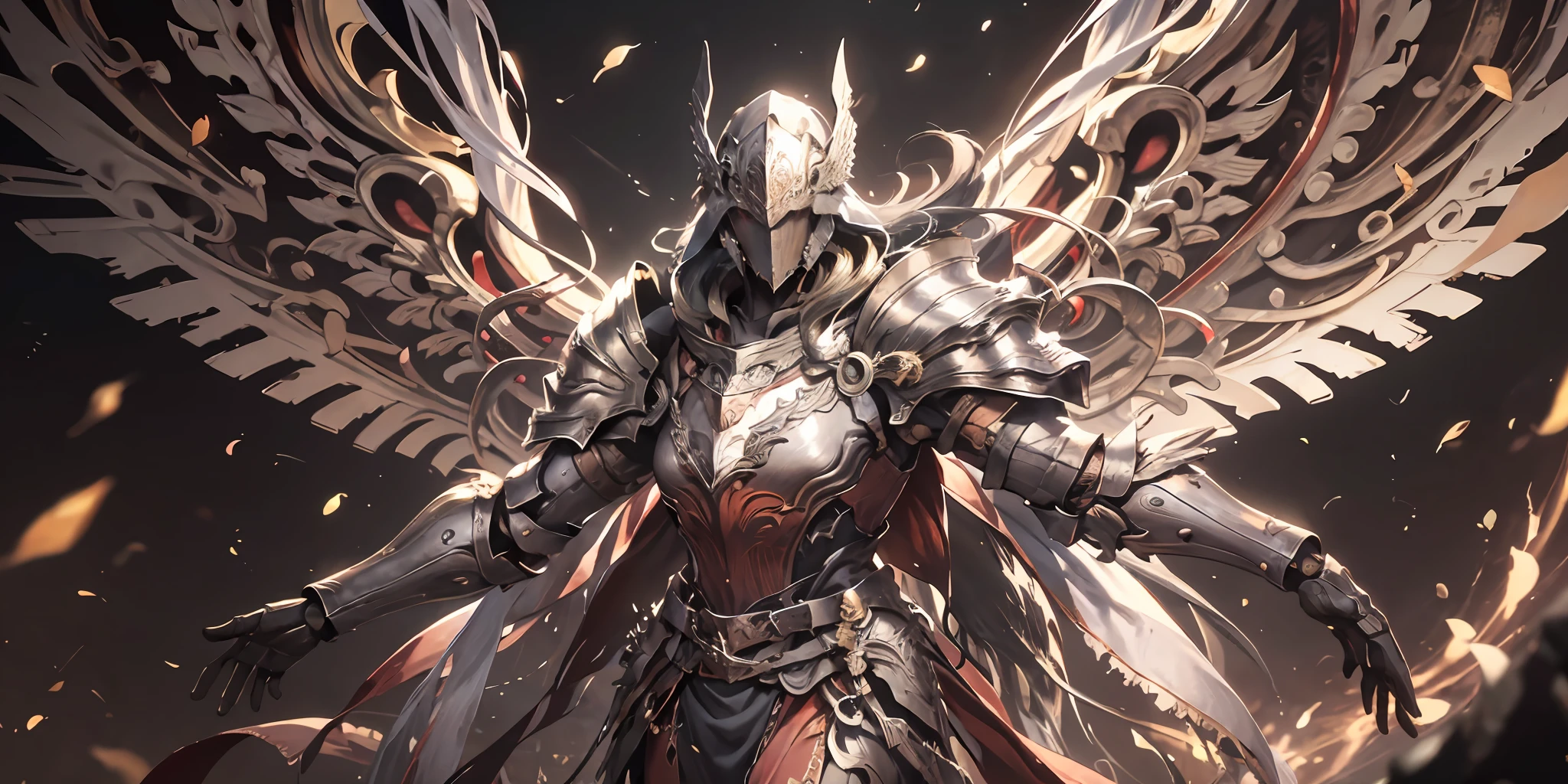 Cover of pure white Holy Spirit Archangel Valkyrie armor, red cape swaying in the wind, battle stance diagram, helmet covering eyes, mechanical six-winged holy light wings, fluttering effect, realistic effect, radiation, close-up, 3D, chiaroscuro, luminescence, ray tracing, reflected light, masterpiece, UHD, award-winning, high resolution, highest definition and clarity, panorama