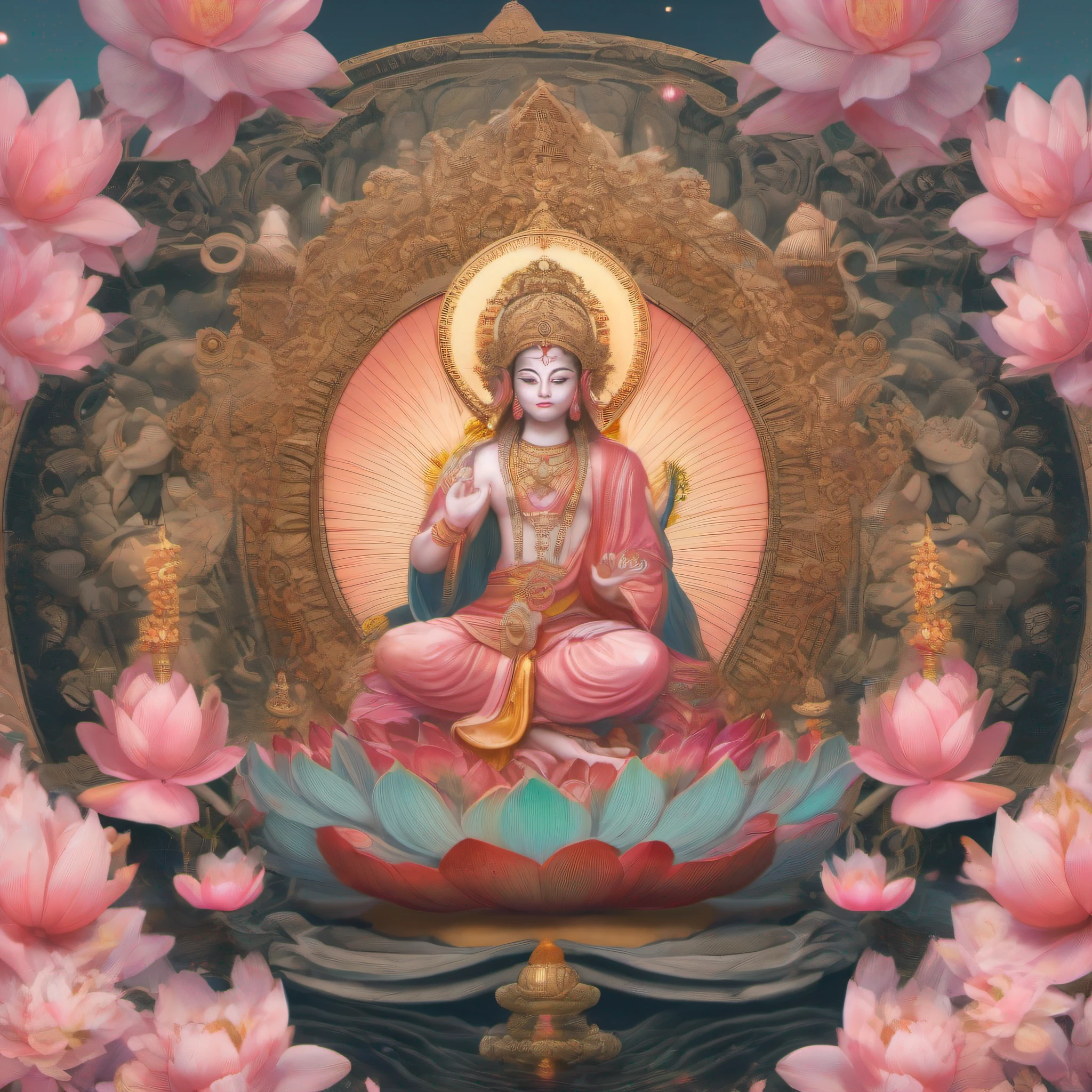Painting of a group of Hindu deities sitting on a lotus flower, inspired by Tawaraya Sōtatsu, 3 spring deities, Karma for tomorrow, bodhisattva, A male god, (((mtu))), coloring page, Hindu gods, Pukarakua paints 7 men,optic,火焰,magia,k hd,largeeyes,Calm expression,serene,having fun,comfortable,Ride,a cassock,Bare arms,Man image,Pink lotus,With jewelry,jewely,Yingluo,There is a halo on the top of the head,((Best quality)), ((Masterpiece)), (High definition:1.3), 3D naked boy, Beautiful , hdr (HighDynamicRange), Ray tracing, NVIDIA RTX, Super resolution, Unreal 5, Subsurface scattering, PBR Texture, Post-processing, Anisotropic filtering, Depth of field, Maximum clarity and sharpness, Multi-layer textures, Albedo and specular maps, Surface coloring, Accurate simulation of light-material interactions, Perfect proportions, Octane rendering, Two-tone lighting, Low ISO, White balance, Rule of thirds, Wide aperture, 8K raw data, High-Efficiency Sub-Pixel, Subpixel convolution, Luminous Particle, Male god of love and peace, Lotus, indian goddess of wealth, Hold the lotus gracefully,There are huge round gemstones on the lotus,,hindu god, Divine male god, Beautiful male god, the non-binary deity of spring, Male Appearance. Extremely high detail, Male eroticism, Tsuhanao,tmasterpiece,