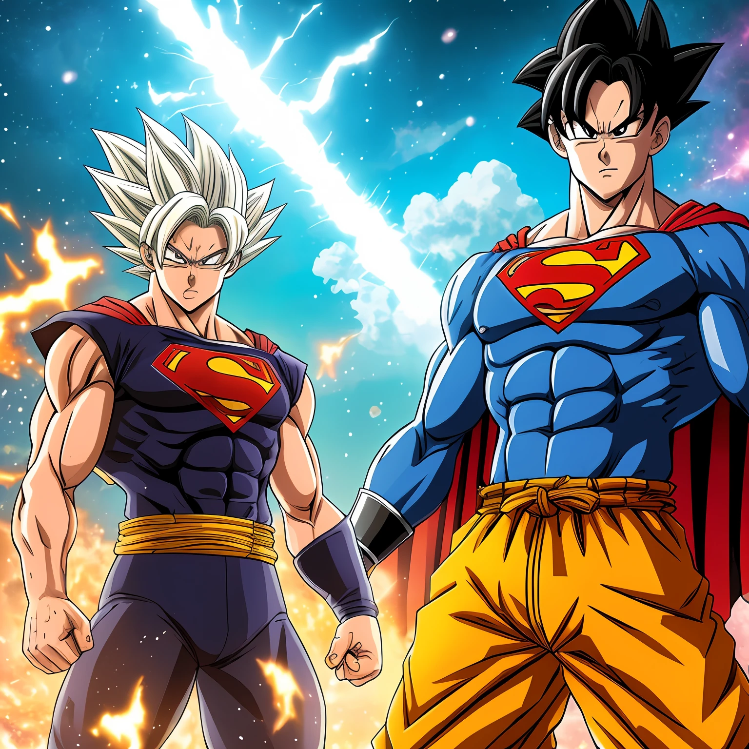 "In a world where universes collide, Goku, the legendary warrior of Dragon Ball, appears wearing a black uniform inspired by the legendary Superman. With the characteristic features of the 1995 animation, Goku radiates an intense energy and a determined expression on his face. Her spiky bluish black hair stands out against the illuminated sky, as he prepares to face cosmic challenges. The black uniform reveals sculpted muscles and gives Goku an imposing appearance. Enquanto ele se prepara para liberar todo o seu poder, uma aura brilhante de energia dourada irrompe ao seu redor, blending the powers of the Super Saiyan with the unparalleled strength of Superman. This meeting of two animation icons creates a powerful character, able to defy the laws of the universe and protect justice with his unparalleled strength.” --auto