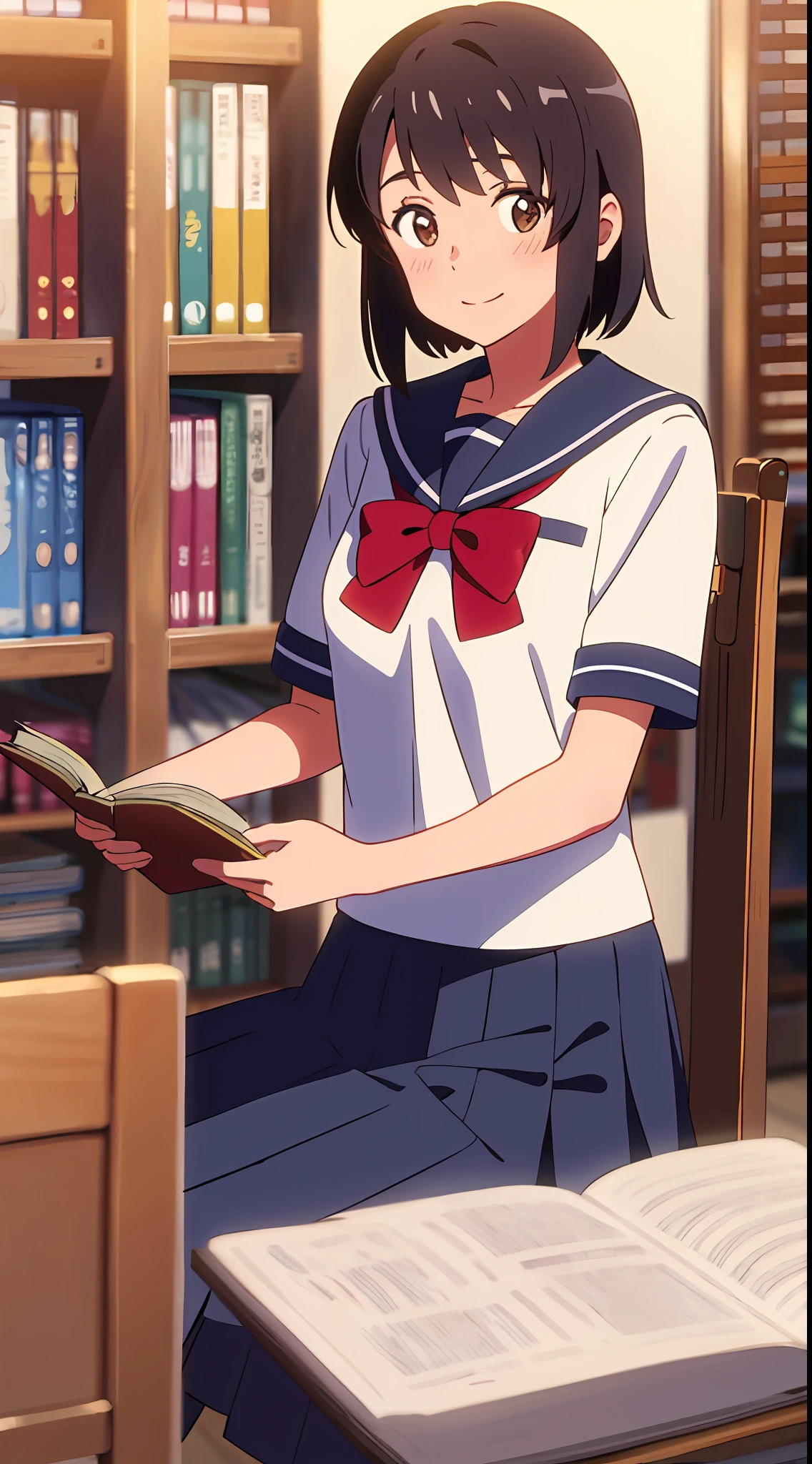 best quality, masterpiece, shinkai makoto, kimi no na wa., 1girl, bangs, black hair, blush, brown eyes, sailor collar, blue sailor collar, sailor color, white sailor color, serafuku, looking at the viewer, red bow, red headband, red ribbon, school uniform, short hair, upper body, smile, cute, solo, shirt, blue skirt, pleated skirt, short sleeves, smile, sitting in a chair, library, reading a book