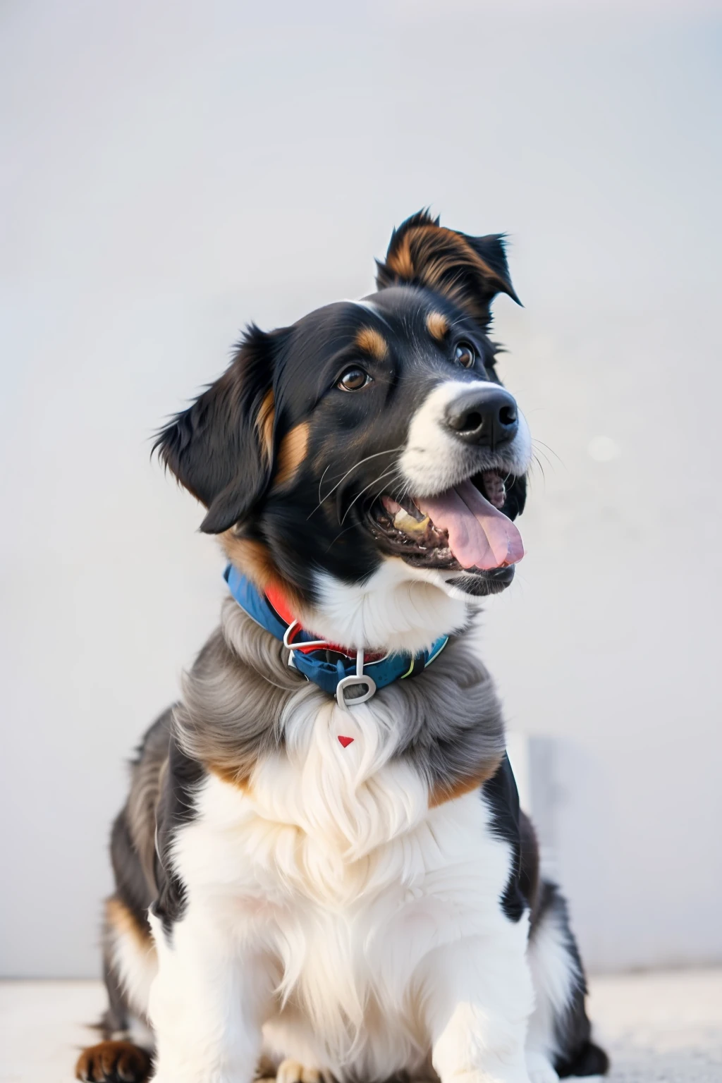 there is a dog that is sitting on the ground with its tongue out, breed corgi and doodle mix, A handsome, Very handsome, Extremely handsome, beautiful picture of stray, portrait of dog, adoptable, portrait of dog, Nice face, mixture animal, Good looking face, gorgeous features, doggy, proud looking away, looking away from camera, happy dog