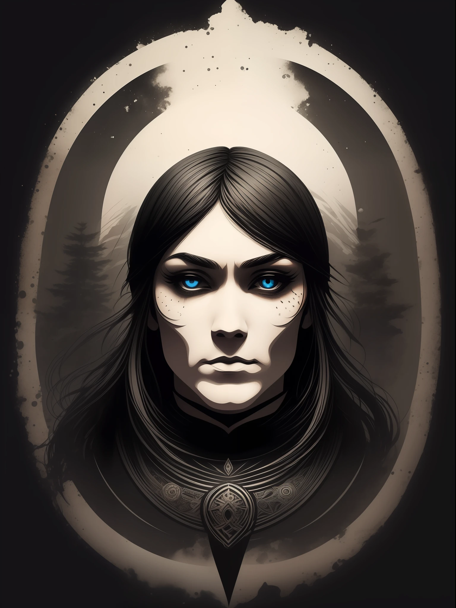 nordic eir, t-shirt art, 2D, ((black background :1, 5)), vector, vivid colors, masterpiece, best quality, intricate details, perfect symmetrical face, realistic details, gothic theme, rim light, moonlight, cinematic shading, Greg Rutkowisk
