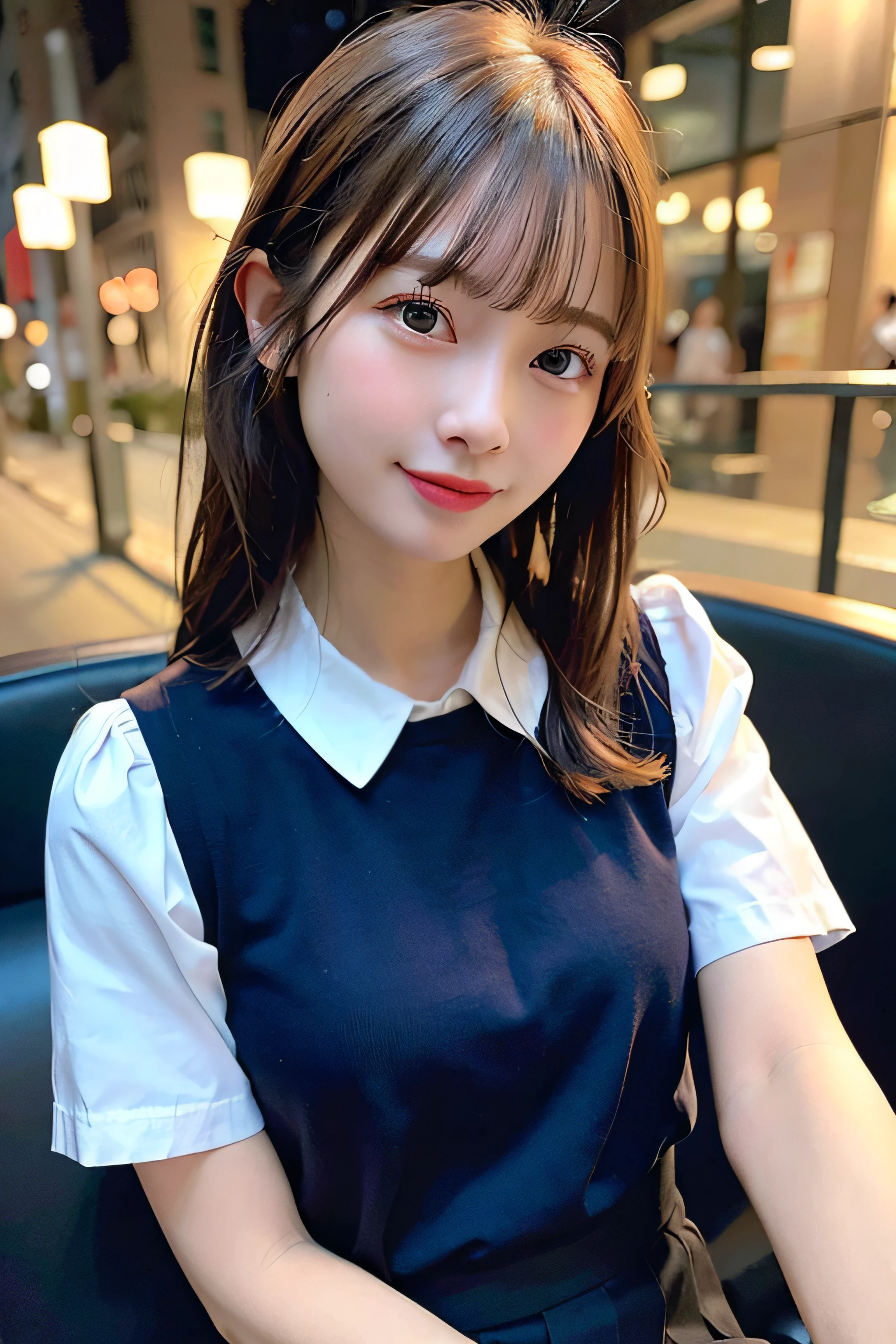 (8k, RAW photo, best quality, masterpiece:1.2), (realistic, photo-realistic:1.37), ultra-detailed, 1 girl,cute, solo,beautiful detailed sky,detailed cafe,night,sitting,dating,(nose blush),(smile:1.1),(closed mouth), medium breasts,beautiful detailed eyes,(collared shirt:1.1), bowtie,pleated skirt,(short hair:1.2),floating hair