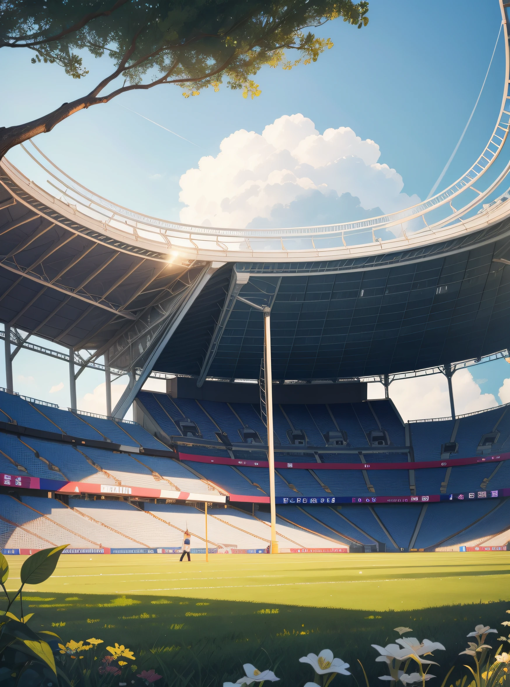 Round large sports venue，Look up at the perspective，wide angles，Surrounding plants and trees，Highest quality，Accurate perspective，The surrounding scenery is meticulous，The stadium serves as the background subject，Skysky，baiyun，rays of sunshine，detail-rich，