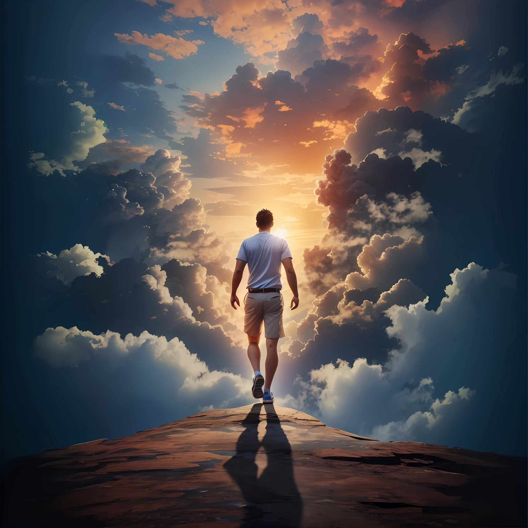Arafed man walking on a wooden platform towards an overcast sky, she is approaching heaven, standing on a cloud, Leading to the sky, walking confidently, homem andando, levando a uma bela, descending from the heavens, Afastando-se, heaven in the top, correndo e caindo sobre nuvens, Pessoas caminhando no horizonte, sua mente contemplando a eternidade