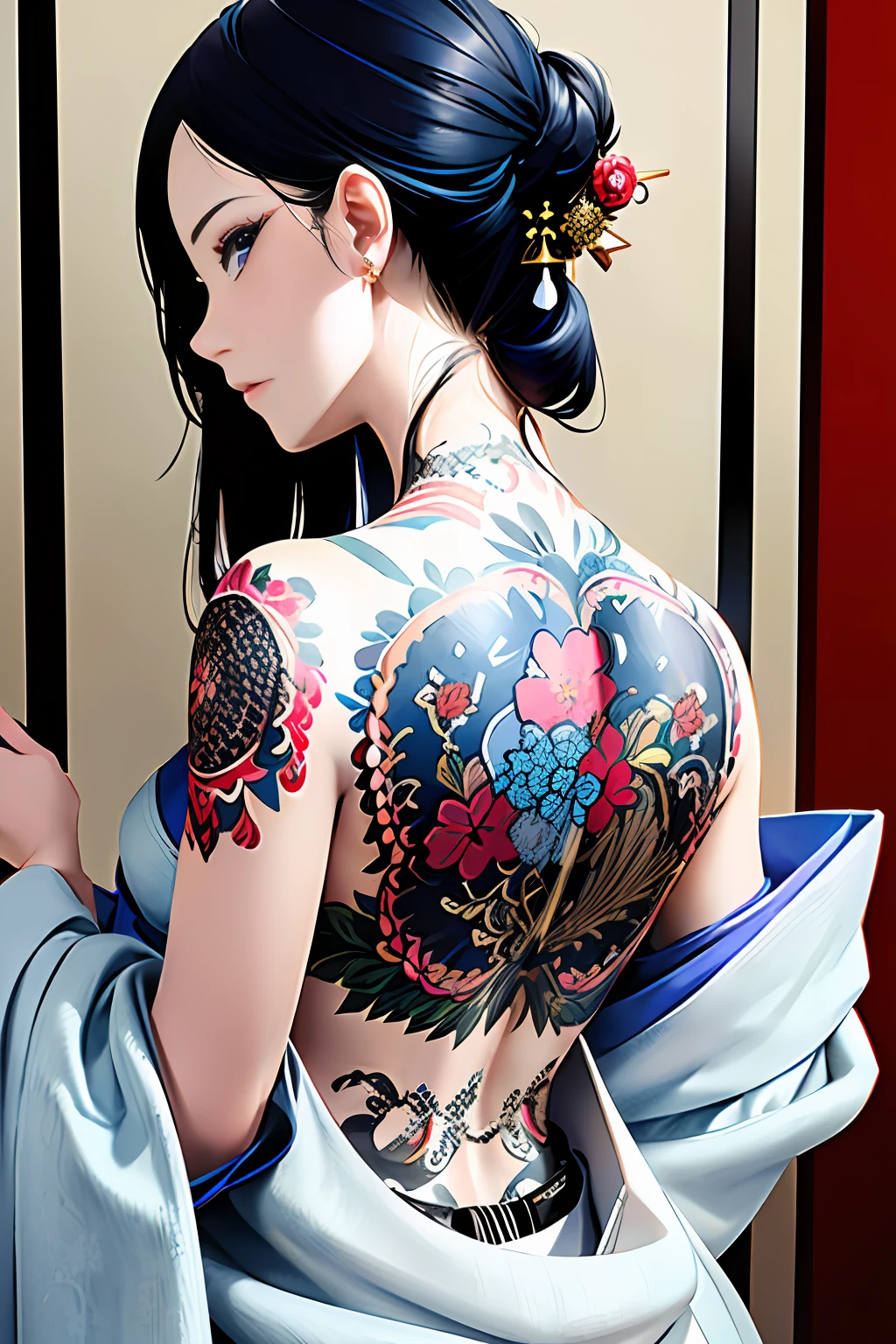 (masterpiece, top quality, best quality, official art, beautiful and aesthetic:1.2),1girl, tattoo, solo, japanese clothes, hair ornament, unsheathing, black hair, sheath, back tattoo, blue eyes, off shoulder, bare shoulders, looking back, from behind, flower, looking at viewer, holding, makeup,
indoor,