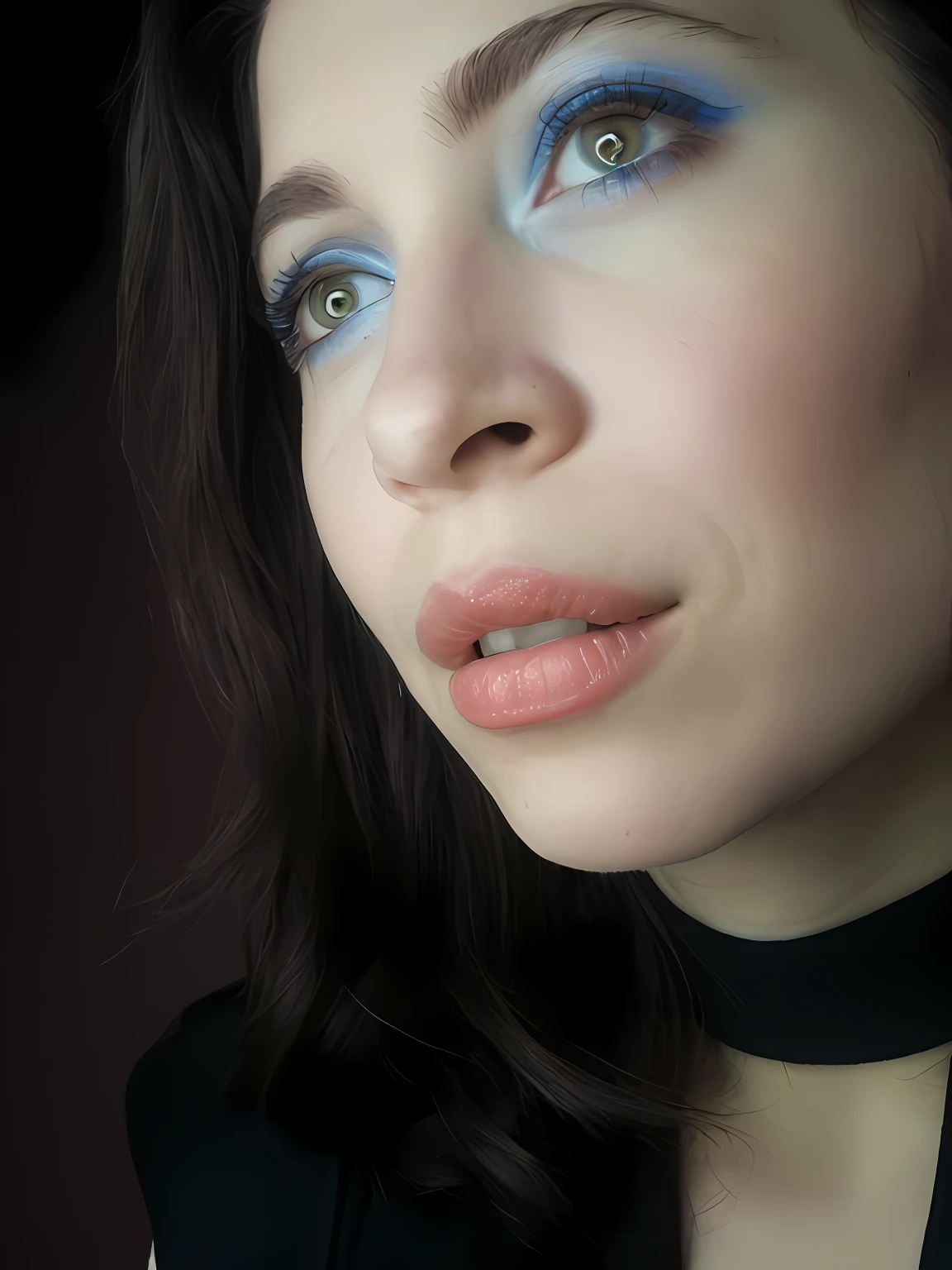 There is a woman with blue eyes and a black stranglehold, tons de laranja e azul, tons de azul e laranja, maquiagem pastel, inspirado em Mac Conner, inspirado em Lujo Bezeredi, Michael Angelo inspirado, inspired by Adrienn Henczné Deák, retrato!!!, inspirado em Luma Rouge, Maquiagem dos anos 90