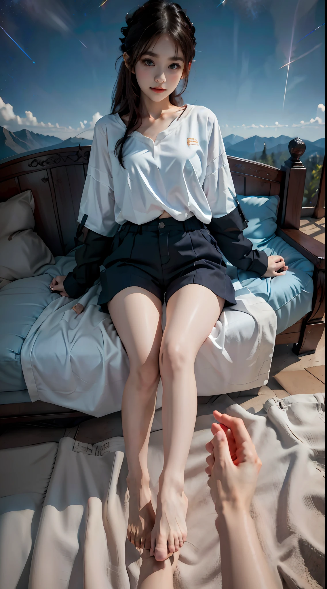 Starry background, A girl sits in a shirt and shorts(One leg extended（pov），Close-up of feet，Girl's graceful feet stretched((pov)，Held by one hand（prop up）make move)， hd，high textured，8K
