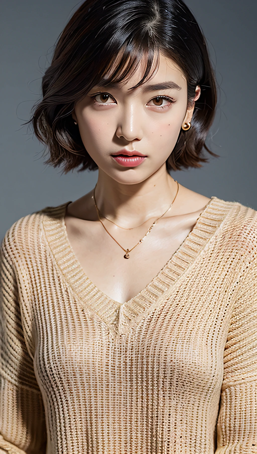 (Best quality, 8k, 32k, Masterpiece, UHD:1.2),Photo of Pretty Japanese woman, large breasts, very short bob hair,upper body,face focus,oversized_sweater, necklace, simple background, from above, looking at viewer,