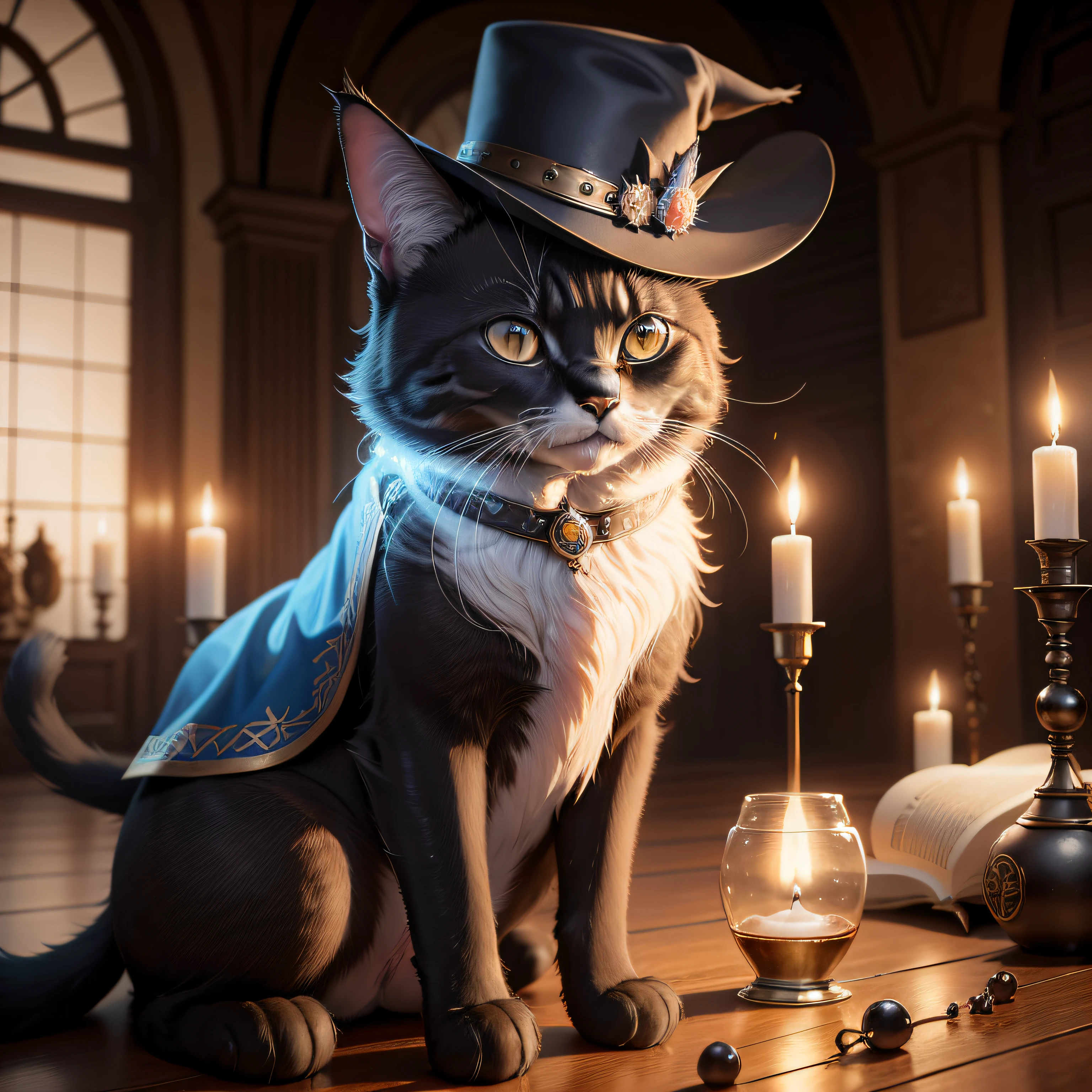 (Imagem de um [gato curandeiro] with magician's hat, Art Station Trend, vestido com roupas de mago, roupa na cor hiper preta sem detalhes, gato com a cor preta sem manchas, hyper realistic detailed rendering, Pose intimidadora, miau, sorrir, Harry Potter Inspiration) em um (alchemist lab), wizard hat, mesa de madeira velha, tiro em perspectiva, wide angle, (raios de janela), Velas, mistic, Potions bottles, realista, Foto realista, Papel de parede 4k, circunstanciado, Ultra realista, It is said that the healing energy of cats is so strong that they can absorb the physical and emotional pains of their owners.
