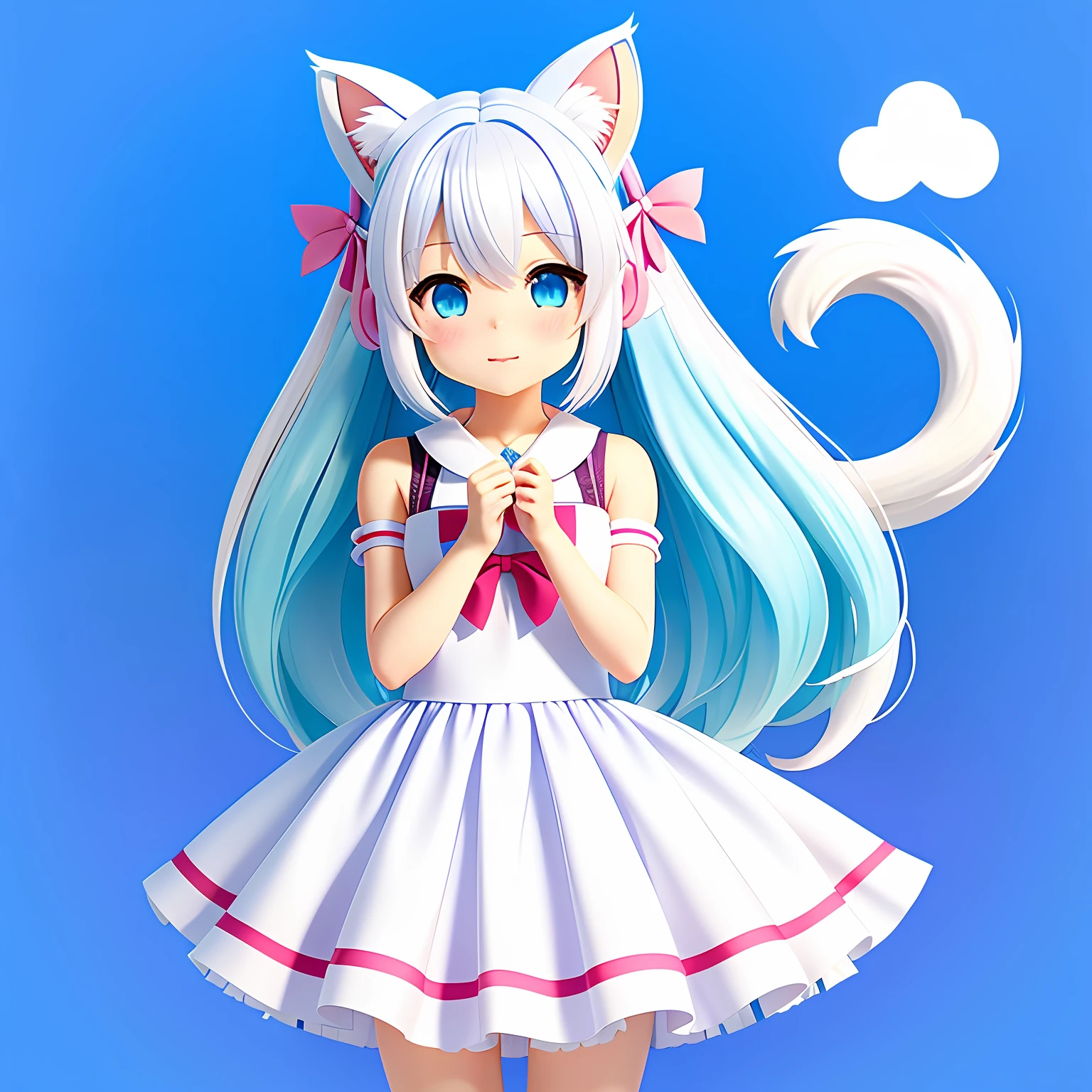 1girl, animal ears, tail, chibi, white hair, cat ears, solo, cat tail, long hair, hair ornament, cat girl, virtual youtuber, dress, blue eyes, ahoge, bow, white background, animal ear fluff, hairclip, holding