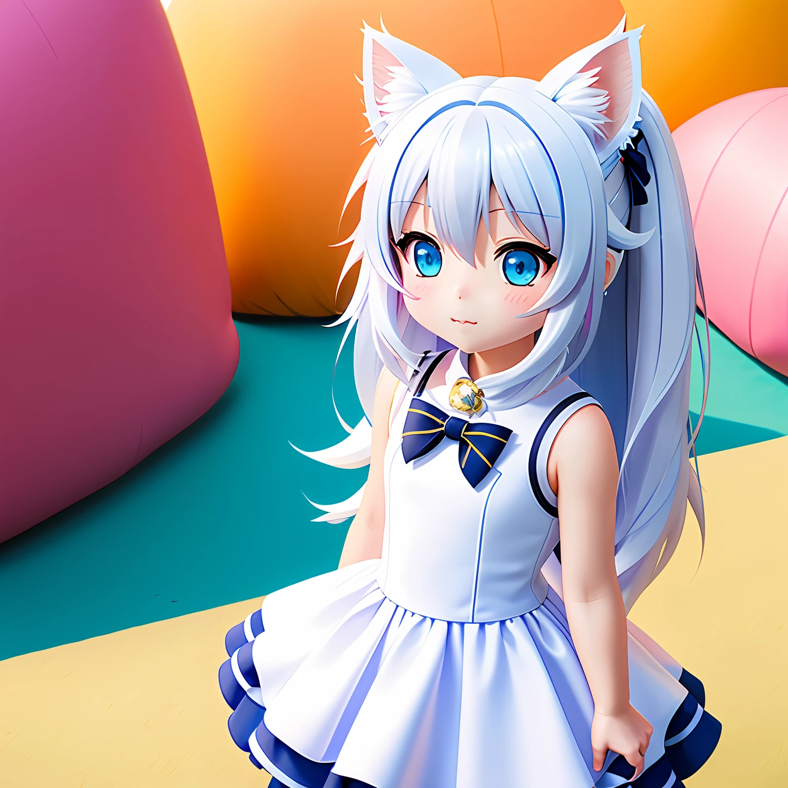 1girl, animal ears, tail, chibi, white hair, cat ears, solo, cat tail, long hair, hair ornament, cat girl, virtual youtuber, dress, blue eyes, ahoge, bow, white background, animal ear fluff, hairclip, holding
