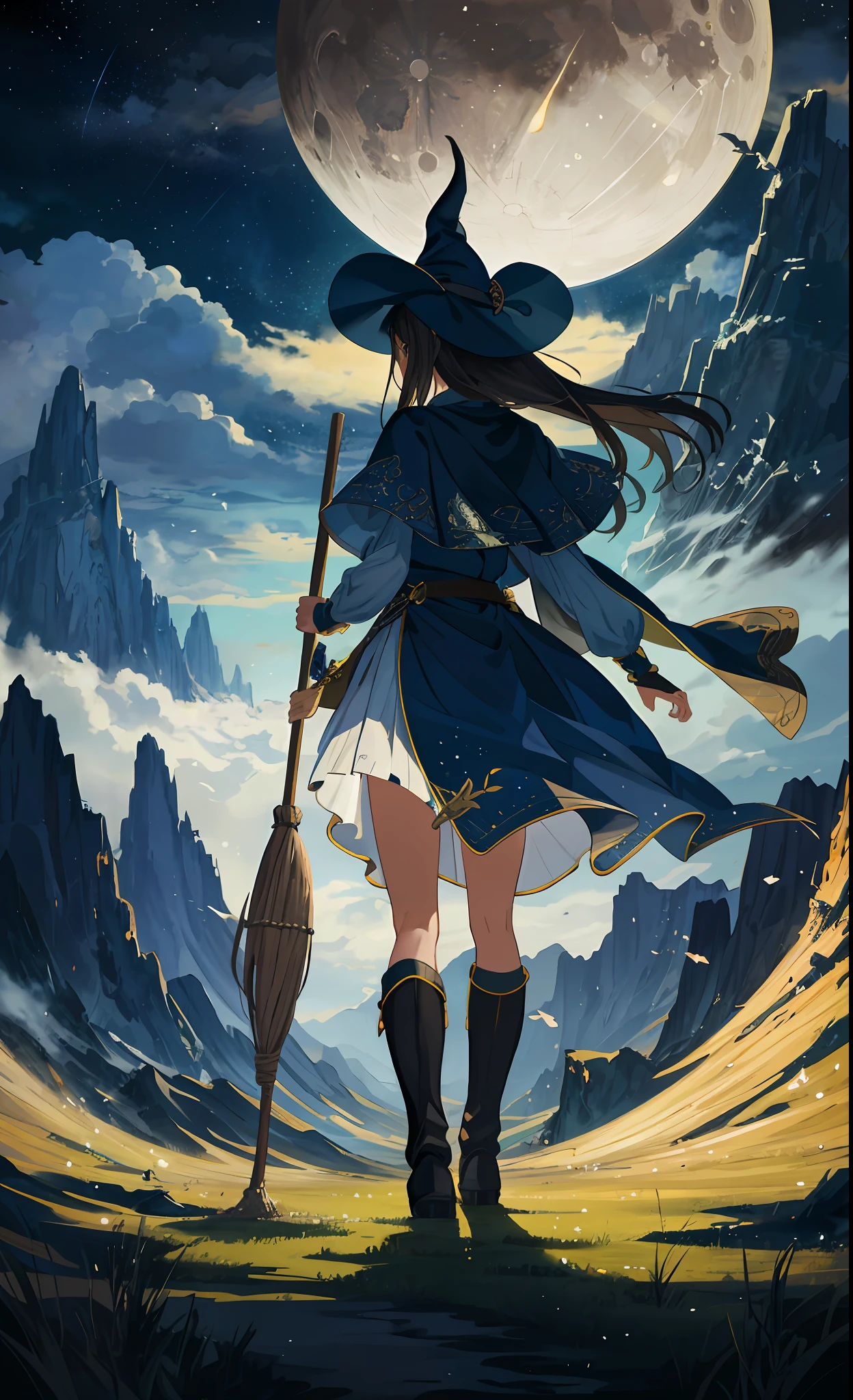 masterpiece, best quality, ultra-detailed, illustration, 1girl, solo, fantasy, flying, broom, night sky, outdoors, magic, spells, moon, stars, clouds, wind, hair, cape, hat, boots, broomstick, glowing, mysterious, enchanting, whimsical, playful, adventurous, freedom, wonder, imagination, determination, skill, speed, movement, energy, realism, naturalistic, figurative, representational, beauty, fantasy culture, mythology, fairy tales, folklore, legends, witches, wizards, magical creatures, fantasy worlds, composition, scale, foreground, middle ground, background, perspective, light, color, texture, detail, beauty, wonder.