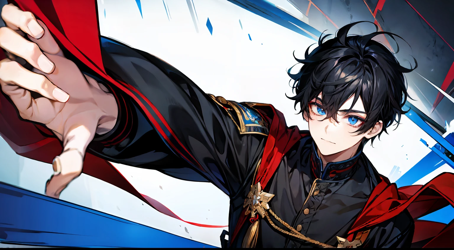 1 boy, black hair, 2 red and blue eyes,