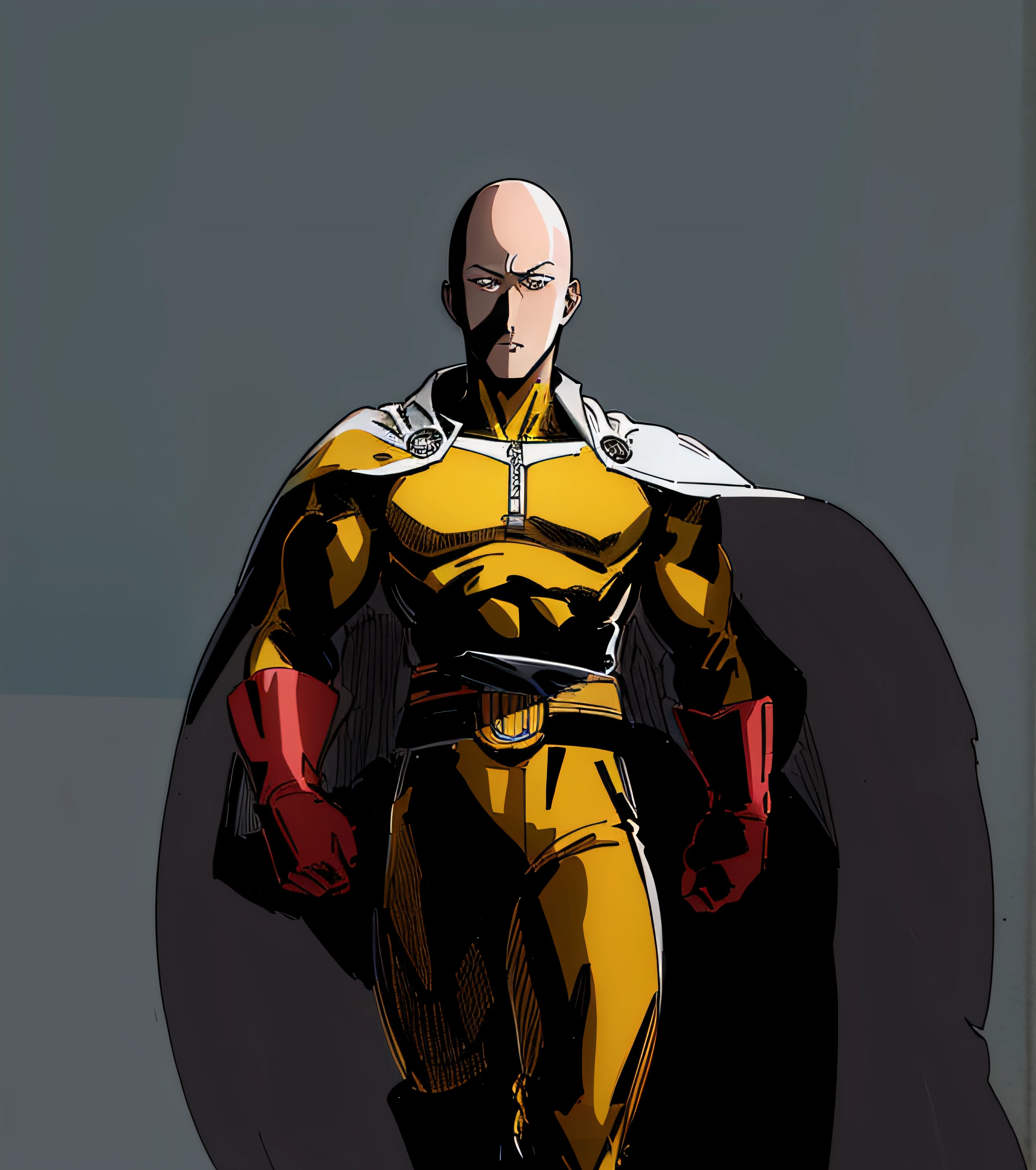 Un primer plano de una persona con un traje amarillo con una capa, Retrato de Saitama, Saitama, guapo, Un Punch Man, high detail iconic character, Bald middle-aged superhero, Boceto coloreado de alta calidad, capa blanca