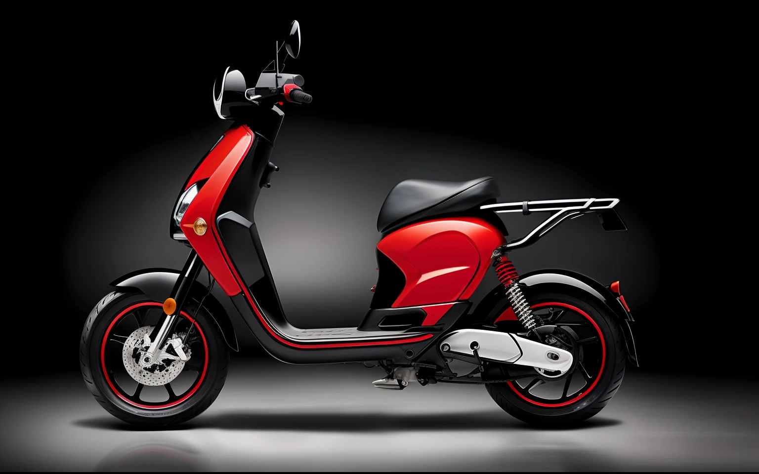 Red and black scooters，Black seats and black wheels, Moped, black and red only, black and red only!!!, Side view of stylish design, Bright red，Edges，Futuristic