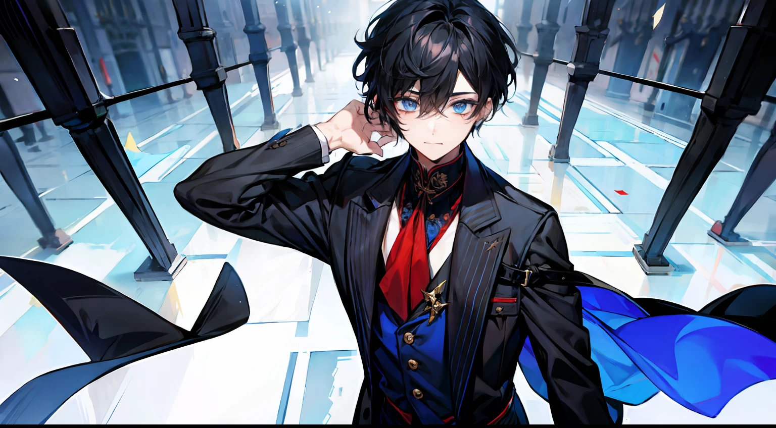 1 boy, black hair, 2 red and blue eyes,