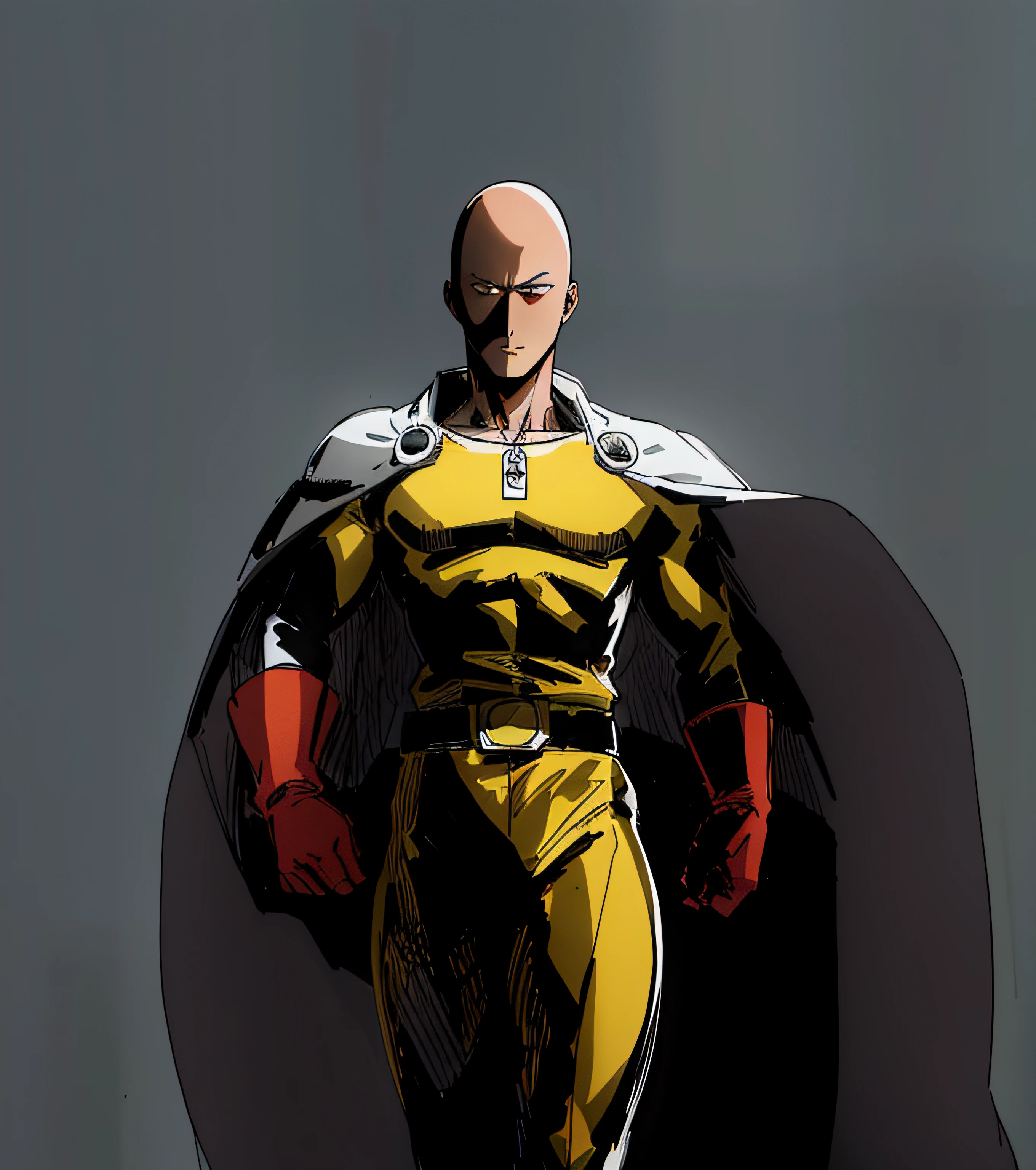 Un primer plano de una persona con un traje amarillo con una capa, Retrato de Saitama, Saitama, guapo, Un Punch Man, high detail iconic character, Bald middle-aged superhero, Boceto coloreado de alta calidad, capa blanca