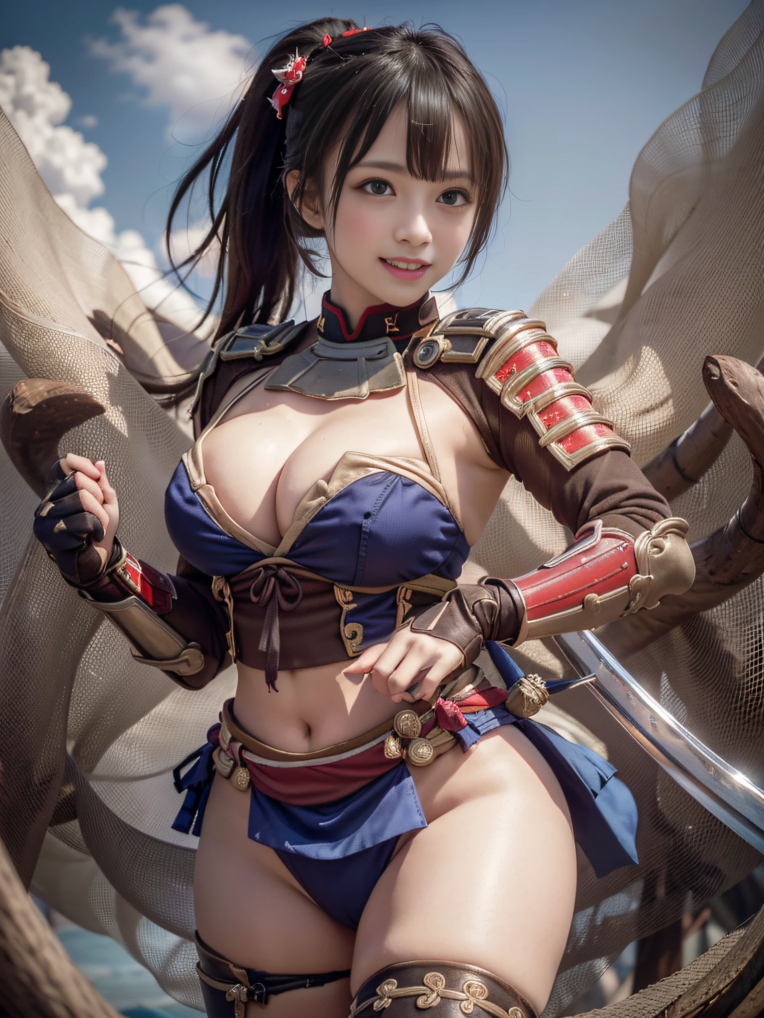 masterpiece、(top-quality:1.32), ( 超A high resolution: 1.3), (CG Unity 8k wallpapers:1.2), (Detailed eyes and skin:1.35), (detailed facial features:1.25), (Detailed eyes:1.36), precise and perfect human body structure, (Textured skin: 1.26), (Photorealistic Raw Photos: 1.27),
awardwinning photo, depth of fields, Shading by sunlight、
((Ponytail: 1.47)), Brown hair, (Blue eyes: 1.28), thick bangs, Blue Ribbon,
Show white teeth and smile, cleavage of the breast, large full breasts, Attractive thighs, abdominals,
((Shogun:1.4)), Spear in hand, Multiple males attacking, Female Warrior Wielding Weapon, combat scene, Battlefield,