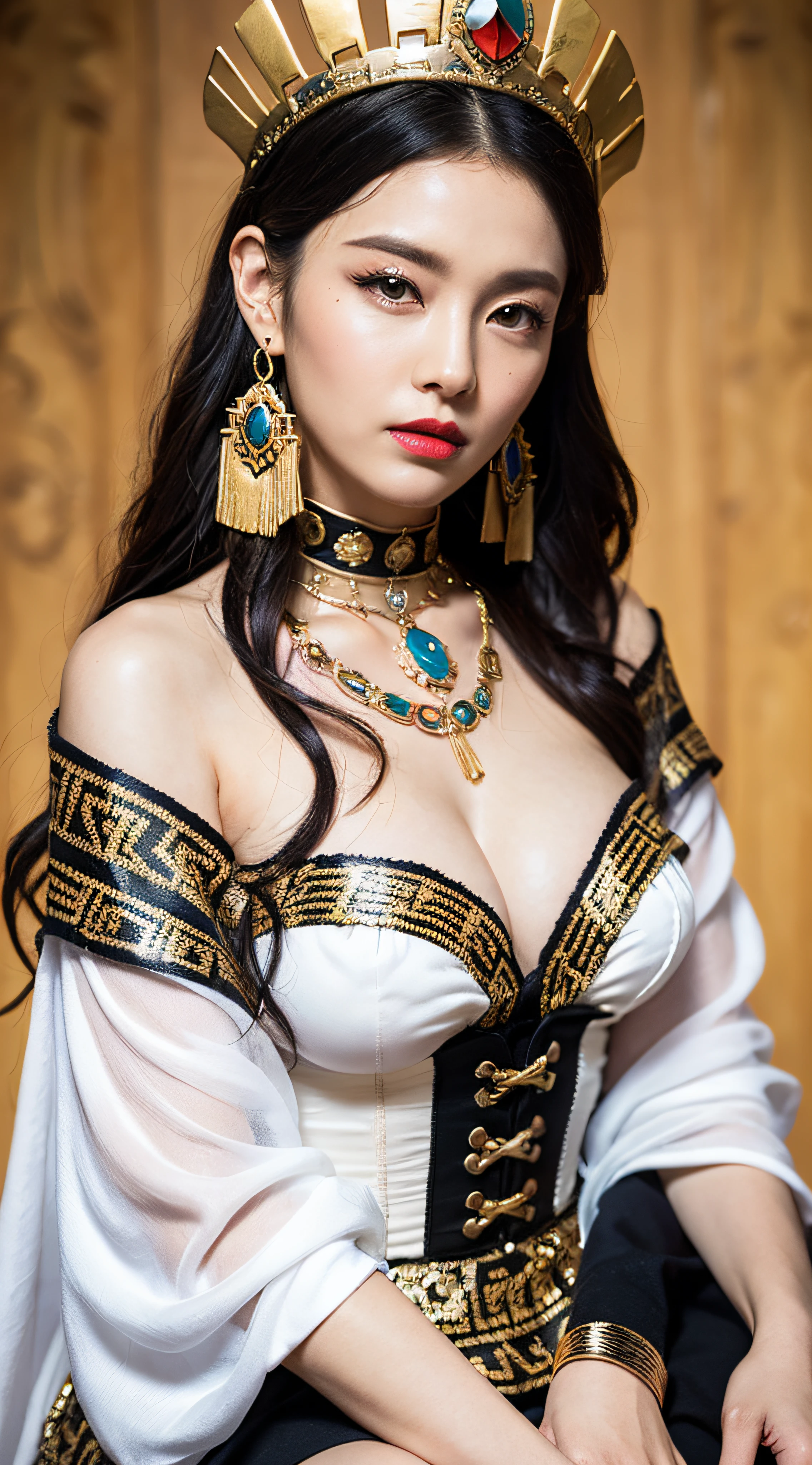((Realistic lighting, Masterpiece: 1.3)), (raw photo:1.2), Hyperrealist portrait gorgeous Beautiful tribal Chinese leader, mature woman, 40 years old, Milf, beautiful serious face, wrinkled face, beautiful detailed charming eyes, (pretty big breasts: 1.1), ((tribal white cape: 1.1), (tribal white mix gold corset), (white tribal dress)), tribal loin cloth, tribal jewelry, native american attire, tribal diadem circlet, tribal palace background, legendary style, epic style, full body, sit on tribal throne, professional photography, font view, very detailed faces, (red lips, subtle makeup: 1.3), Best quality, 8K, colorful style