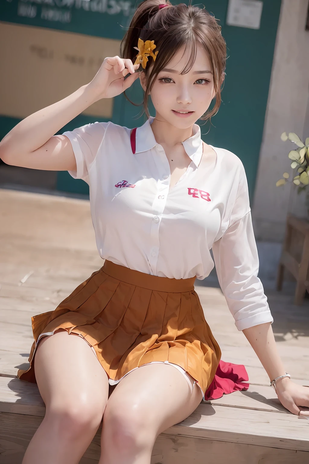 ((top-quality、in 8K、Photorealistic full-body photography、​masterpiece))、Back lighting、highly detailed facial textures women、18year old、((School Uniforms)super-detaild skin、beautiful make up、A detailed eye、A smile、open open mouth、Glossy brown messy ponytail