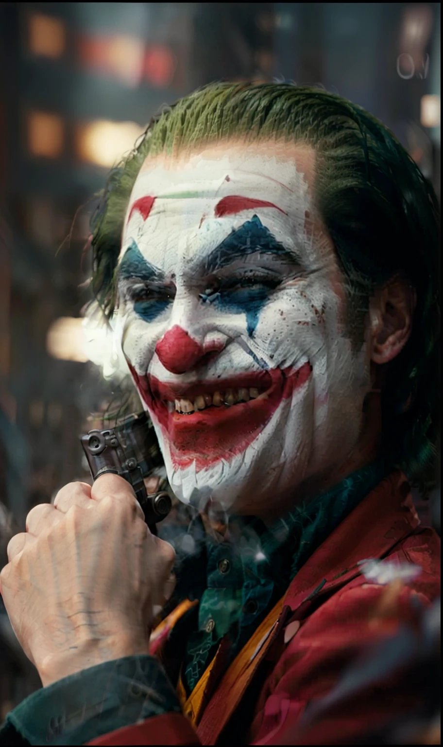 Joker (pointing a gun at his own head) crazy laughing, high detail, sharp focus, photorealistic, moody, smokey, hyperdetailed, 8k, frostbite 3 engine, cryengine, dof, trending on artstation, digital art,( front facing:1.1), city in the background, psycho, psychopath, upper body shot, super detailed hair