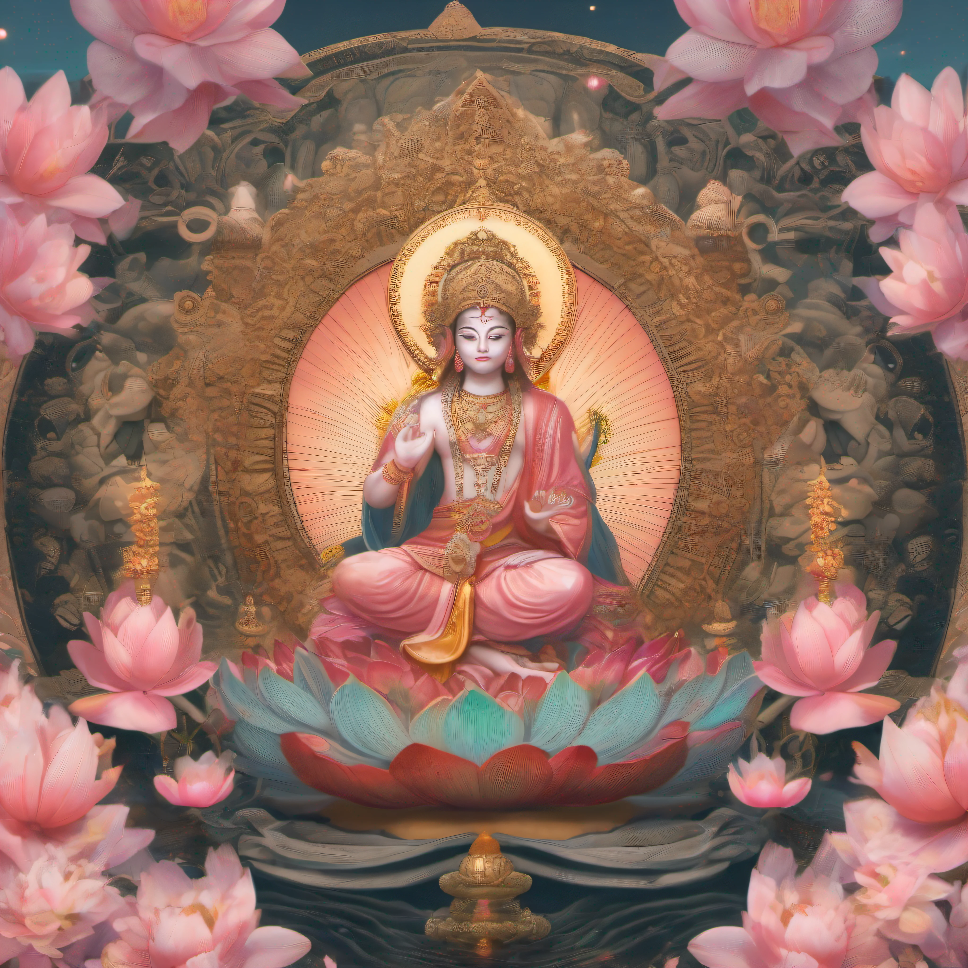 Painting of a group of Hindu deities sitting on a lotus flower, inspired by Tawaraya Sōtatsu, 3 spring deities, Karma for tomorrow, bodhisattva, A male god, (((mtu))), coloring page, Hindu gods, Pukarakua paints 7 men,optic,火焰,magia,k hd,largeeyes,Calm expression,serene,having fun,comfortable,Ride,a cassock,Bare arms,Man image,Pink lotus,With jewelry,jewely,Yingluo,There is a halo on the top of the head,((Best quality)), ((Masterpiece)), (High definition:1.3), 3D naked boy, Beautiful , hdr (HighDynamicRange), Ray tracing, NVIDIA RTX, Super resolution, Unreal 5, Subsurface scattering, PBR Texture, Post-processing, Anisotropic filtering, Depth of field, Maximum clarity and sharpness, Multi-layer textures, Albedo and specular maps, Surface coloring, Accurate simulation of light-material interactions, Perfect proportions, Octane rendering, Two-tone lighting, Low ISO, White balance, Rule of thirds, Wide aperture, 8K raw data, High-Efficiency Sub-Pixel, Subpixel convolution, Luminous Particle, Male god of love and peace, Lotus, indian goddess of wealth, Hold the lotus gracefully,There are huge round gemstones on the lotus,,hindu god, Divine male god, Beautiful male god, the non-binary deity of spring, Male Appearance. Extremely high detail, Male eroticism, Tsuhanao,tmasterpiece,