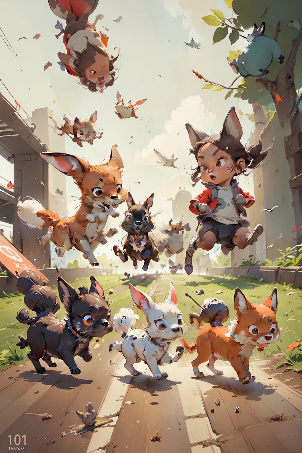 Many small animals race together in the 100-meter sprint on the track,Each animal occupies a runway,There are rabbits.Doggy.pecora.catss.red fox.deers.Little donkey,Every animal is an extremely exaggerated action,Exaggerated expressions,intense competition,High-speed synchronous photography,The picture reflects a sense of speed,Fast movement,Exaggeration,tmasterpiece,A high resolution,