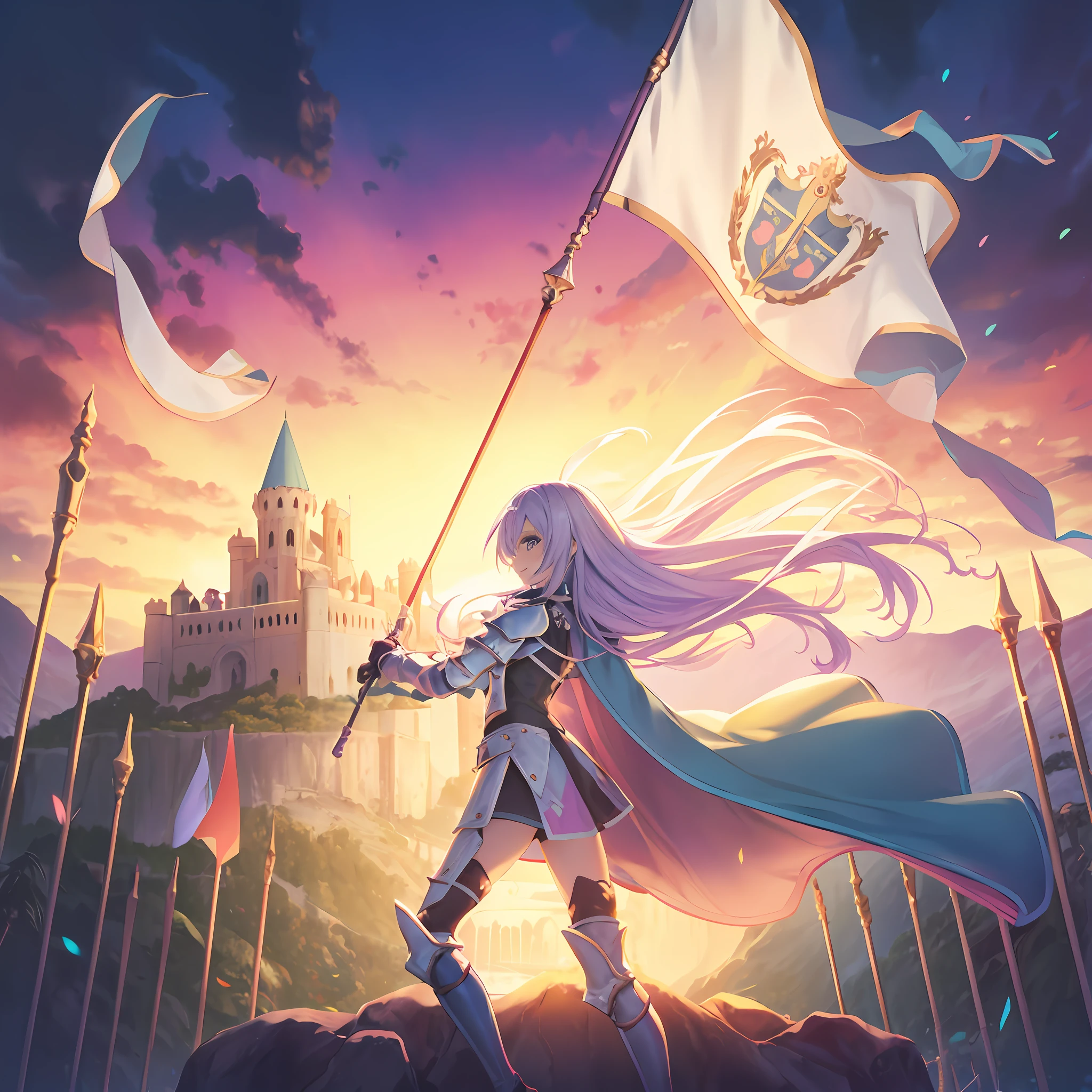personagem de cabelo roxo, olhos laranjas, mulher, kawaii, armadura roxa, capa azul, ao por do sol, erguendo um estandarte na paisagem de um castelo, sorrindo, 4k