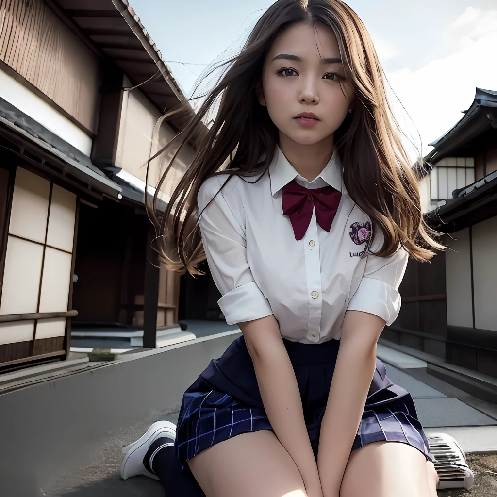 ((top-quality、masterpiece:1.3))、((Russian beauties))、1 female、14years、large full breasts:1.1、Slender body type:1.6、Toned abs、((Blonde semi-long hair))、((Japan schoolgirl uniform:1.5))、Super Detailed Face、Detailed lips、detailedeyes、二重まぶた、Plump smile、blue-sky、clouds、Looking to the right、blue eyess、wide Shots、((dynamicposes)))、(camel's toe)、(half)、(panthyhose)、(Sitting on legs bending the knees))